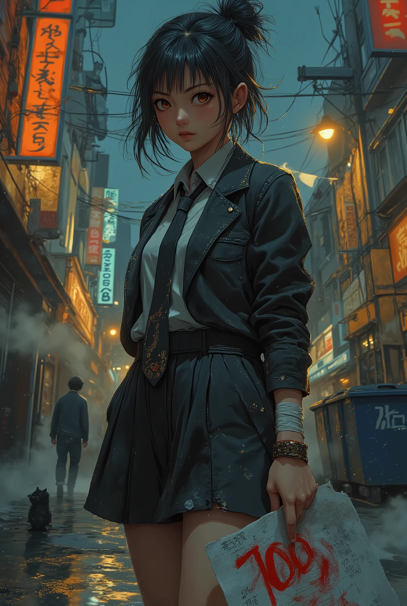 A dramatic and cinematic scene in which an excellent student transforms into a street bully just outside the school doors. The left side is bathed in warm, soft light streaming from the classroom window, the right is illuminated by cold, harsh neon signs in the backyard. A sharp and effective tom-boy girl with a fierce, confident look. She has short-cropped black hair, and the longer upper strand is gathered at the back of her head in a small messy bun. A few stray strands fall over her face. Her right sleeve is rolled up, revealing a bandaged arm and a studded leather bracelet. On her shoulder she holds a battered school backpack with textbooks. The knuckles of her right hand are slightly bruised and scuffed. She is wearing a clean, unbuttoned gakuran (black school uniform jacket) over a white shirt and a loose black tie. In her left hand, she casually holds a test paper, on which the red mark "100" is visible. Background (On the right): A wet, narrow city alley in Shinjuku at night. Neon signs in Japanese (紅茶, 居酒屋) are reflected on the rain-soaked asphalt. Steam rises from the sewer grate, and a stray cat watches from a dumpster. The air is filled with misty drizzle caught in a beam of crosslight. Dynamic anime design in the style of the classic shounen battle manga. Clear, bold lines, high contrast and a vibrant color palette that combines warm amber and cool blue tones.A low-angle shot that makes the character look strong and dominant. Attitude: A strong sense of duality, secret identity, and cold, unshakeable confidence. The scene is quiet, but filled with tension and untold stories.