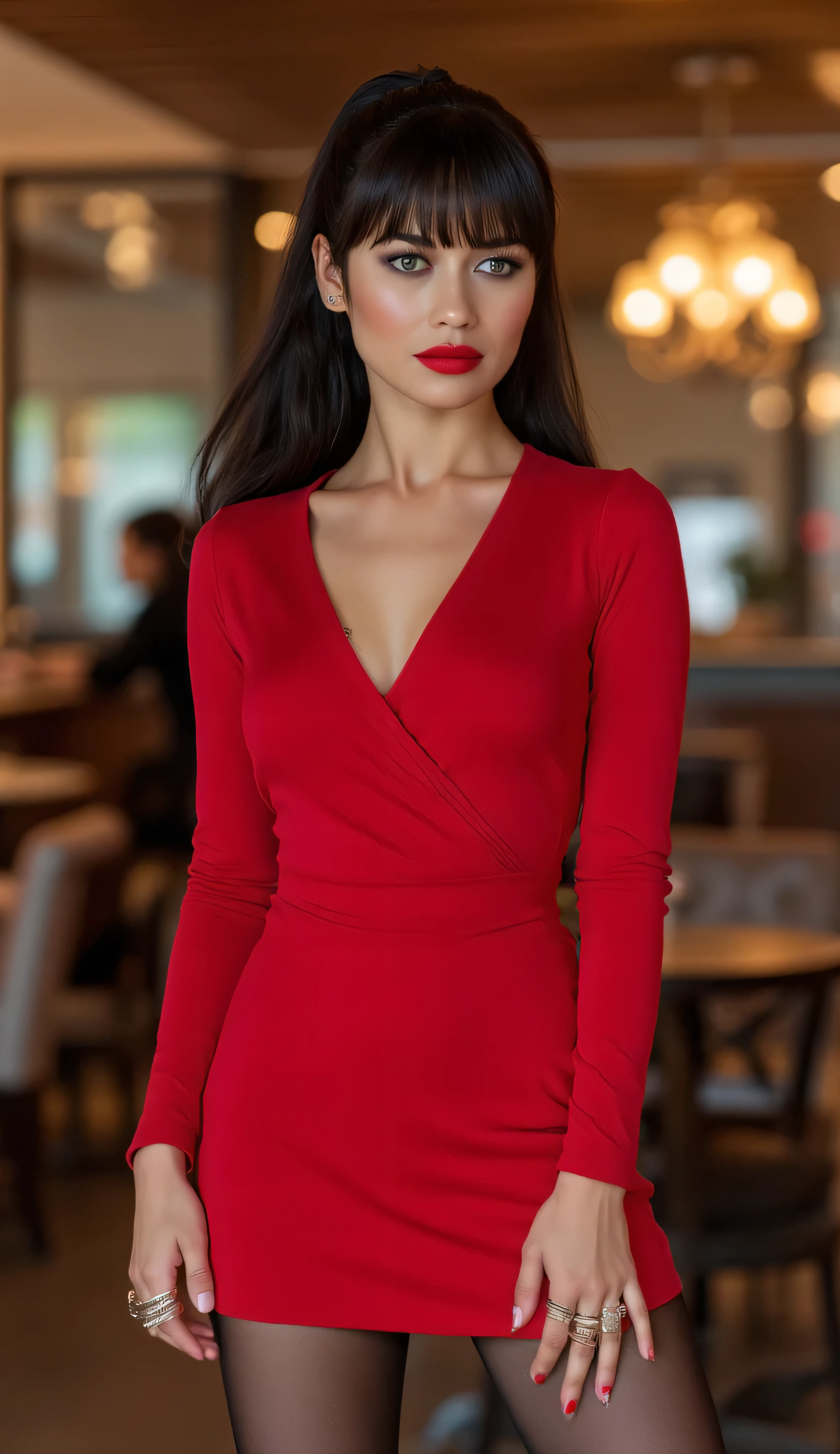 woman, black ponytail, bright makeup, red mini dress, black pantyhose, standing, in the cafe, rings