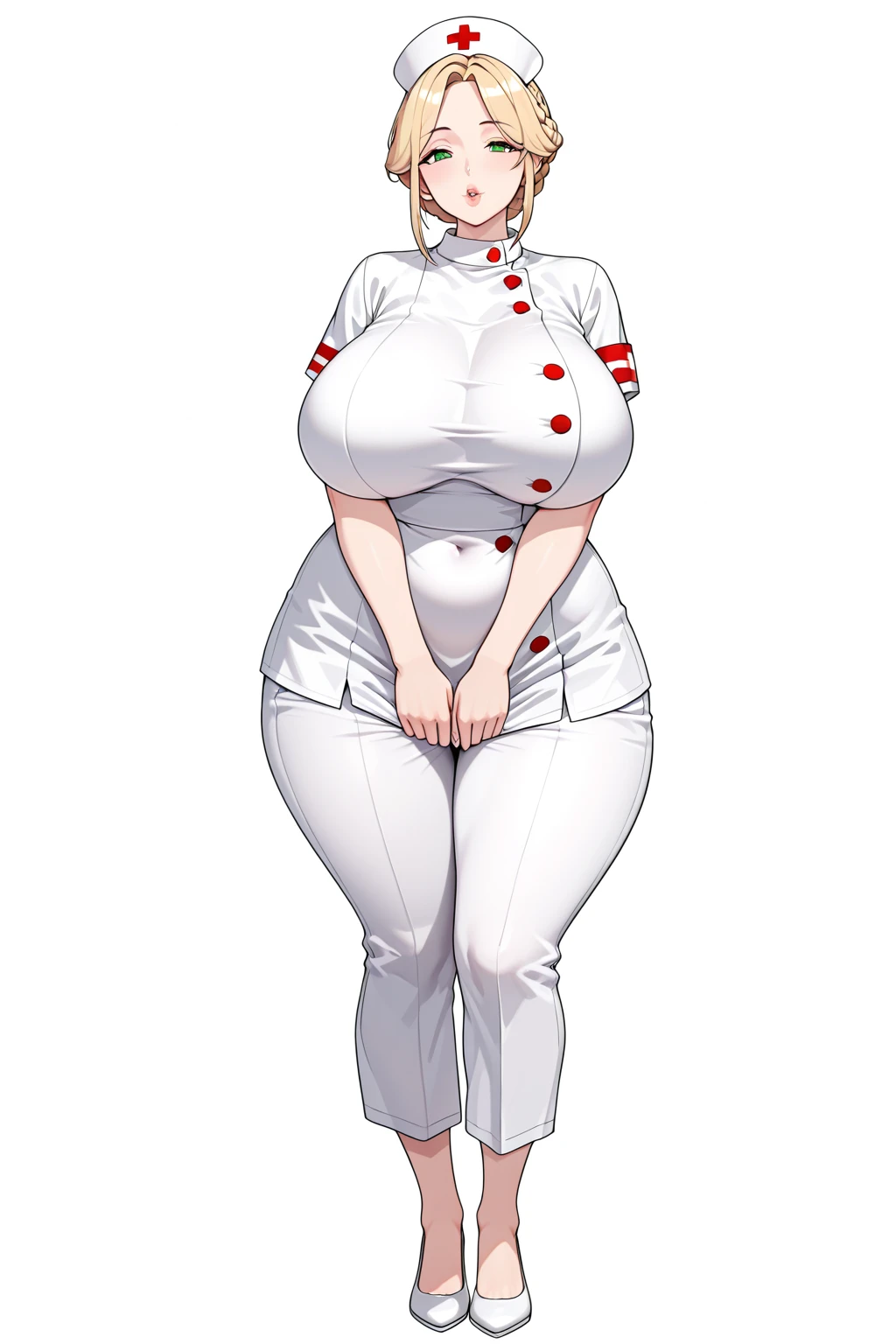 ((blank background)), masterpiece, best quality, silver hair, (big ??????:1), ((full body framing)), symmetry, nurse woman, nurse uniform, nurse cap, long pants, ((curvy)), wide ???? thick thighs, only white, all white, belt below navel, ((lab coat))