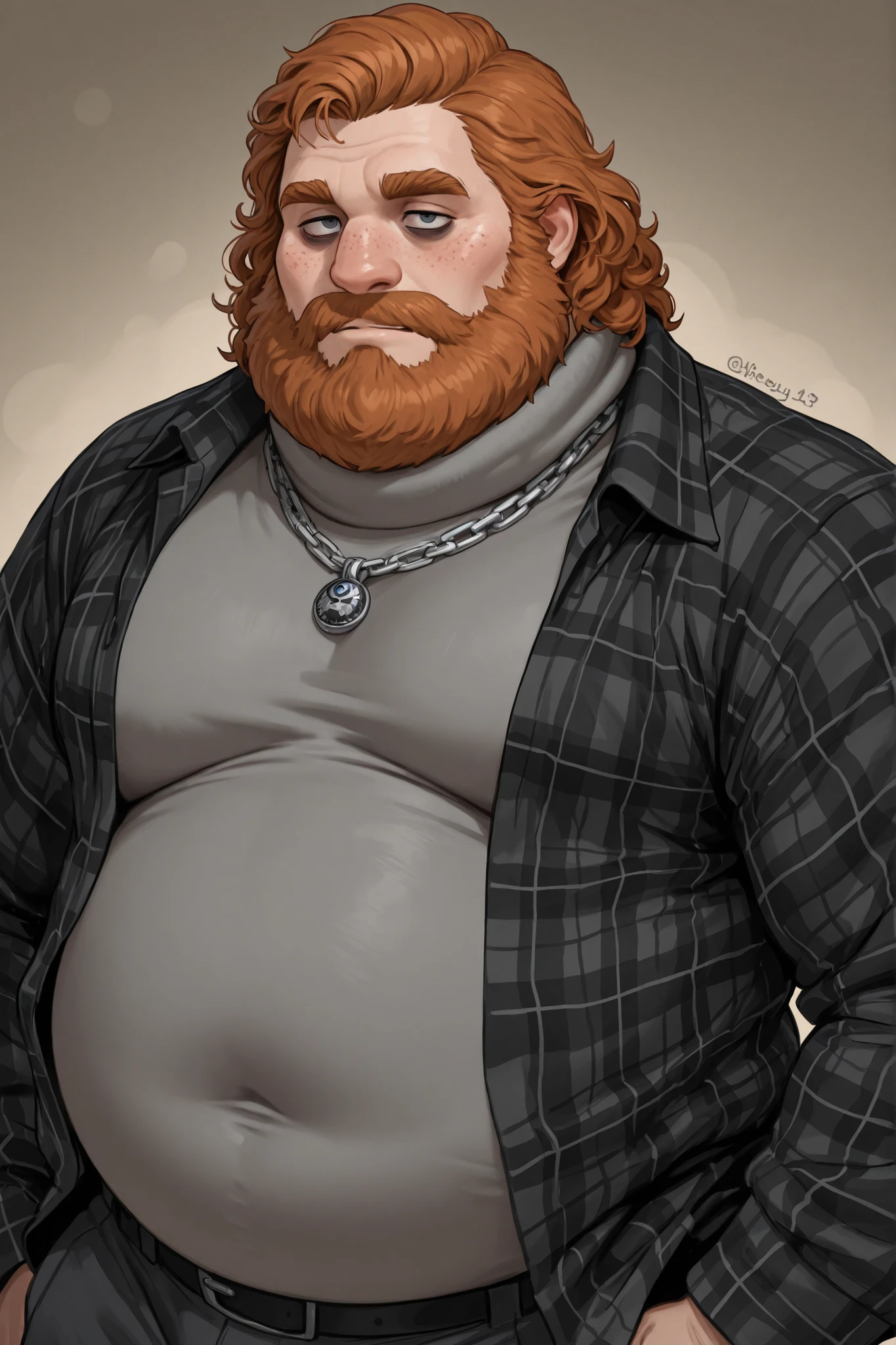 upper body portrait older 40 year old chubby trans man. Hes short in size and chubby with a doughy belly and wide high set hips and softening moobs. He has a fat and round face with long ginger beard with greying roots as hes aging. He has freckles and dark circles under his eyes. He has a round double chin underneath the beard. He has short curly coiled ginger hair with lots of grey hairs and greying roots. He wears a dark grey turtle neck and silver chain necklace. Over the turtle neck he wears a black plaid flannel