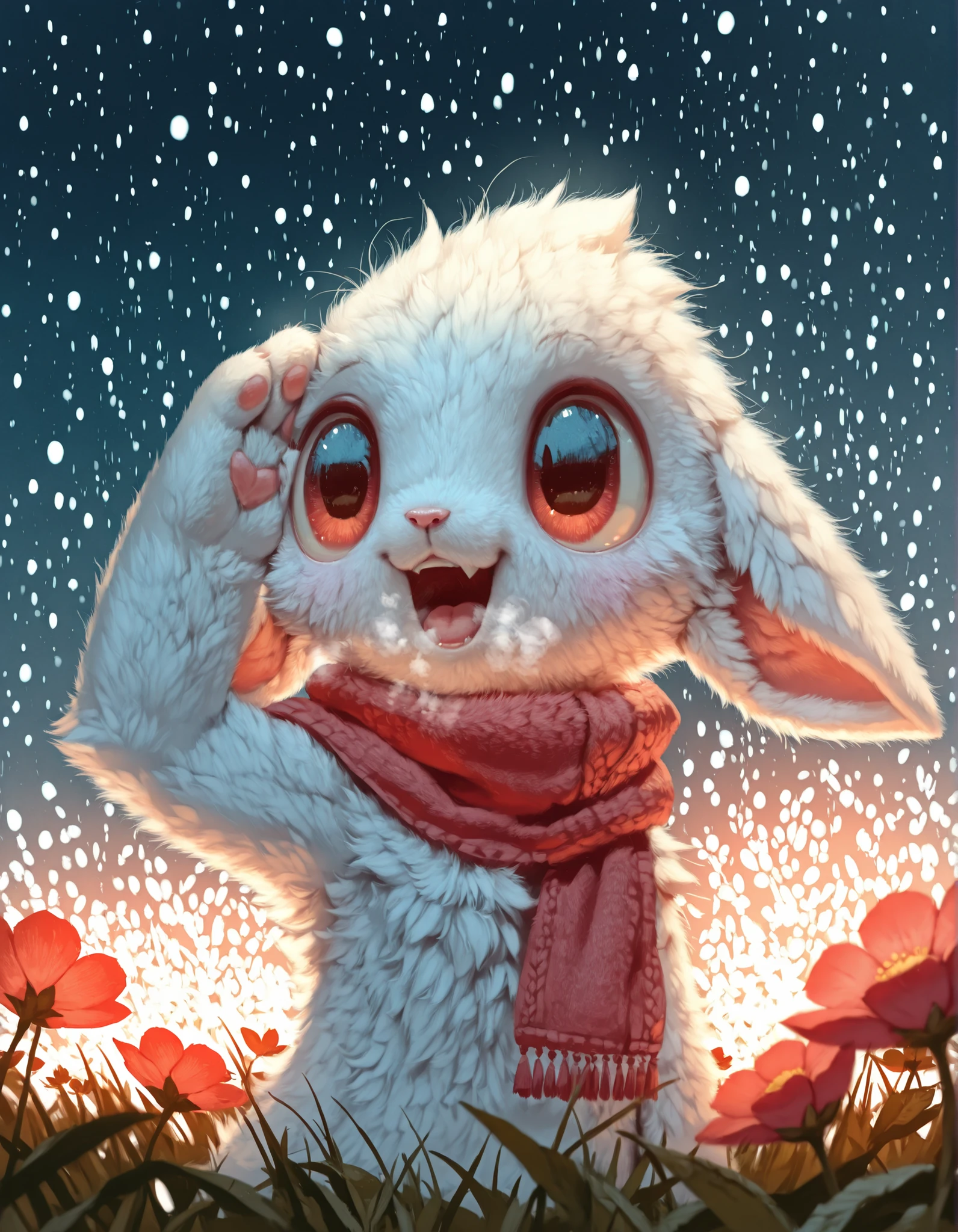 slvrfxstyleil,, ori,  solo furry, no human, guardian spirit, ori \(ori\), white body, big eyes, half-length portrait, fluffy, curious, happy, open mouth, head up, particles, raised one hand on forehead, red scarf, steamy breath, BREAK, masterpiece, best quality, high quality, [by Manino \(Mofuritaionaka\):realistic:0.65], [:by Rei \(Sanbonzakura\):0.65], detailed background, detailed foreground, depth of field, backlighting, night, [:winter, snowing:0.15], [:plant, grass, leaf, flower field:0.25]