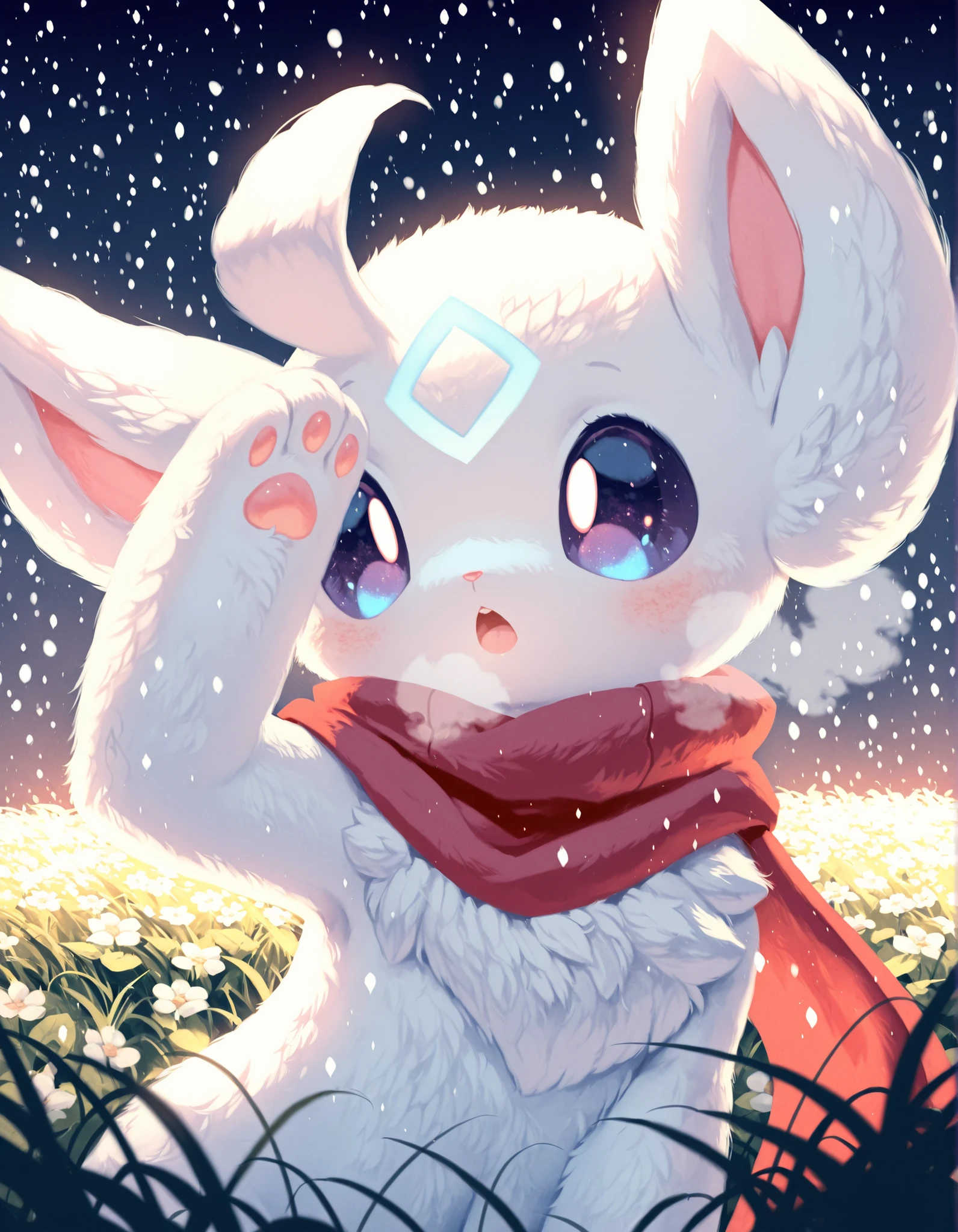 pearlykf, pokemon (creature),, ori,  solo furry, no human, guardian spirit, ori \(ori\), white body, big eyes, half-length portrait, fluffy, curious, happy, open mouth, head up, particles, raised one hand on forehead, red scarf, steamy breath, BREAK, masterpiece, best quality, high quality, [by Manino \(Mofuritaionaka\):realistic:0.65], [:by Rei \(Sanbonzakura\):0.65], detailed background, detailed foreground, depth of field, backlighting, night, [:winter, snowing:0.15], [:plant, grass, leaf, flower field:0.25]