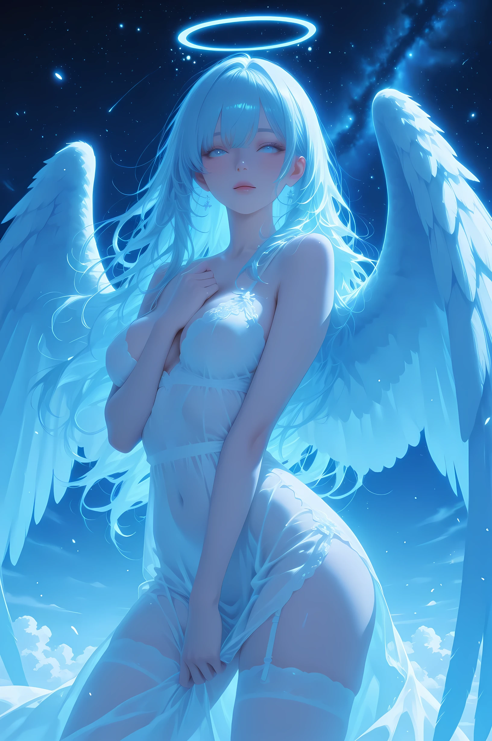 expressive eyes that convey sadness and hope. angels in an ethereal and melancholy scene, Delicate neutral face, the surrounding scene is mystical twilight, long, fluttering hair. Her big, the majestic wings are clearly damaged, as if the feather is broken, realistic details in the texture of wings and angel expressions. and some gently fall to the ground, Sky blue and white theme and jet black starry sky, angels in an ethereal and melancholy scene. as if the sky is changing, should evoke a mixture of soft light and shining particles like {x}, It should contrast with the aura and evoke a mixture of soft light and shining particles like. This atmosphere is pain and, Resilience, and Tragic Beauty, realistic details in the texture of the angel's vulnerability.delicate touch、Beautiful skin details、Delicately express the color of transparent skin。((dynamic pose))
