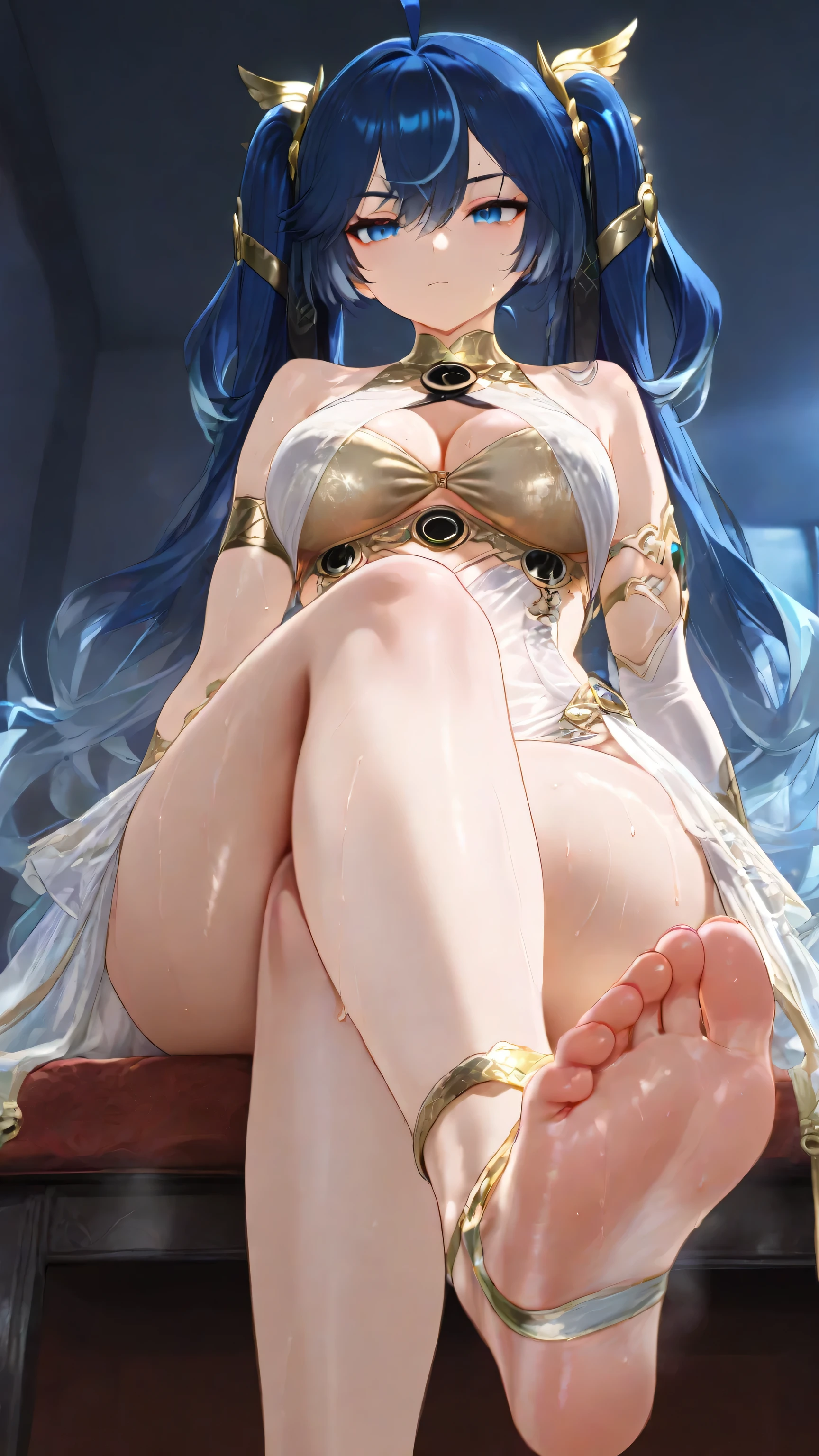 Masterpiece, best quality, amazing quality, anatomically correct, 1girl, solo, iuno, beautiful face, perfect body, blue eyes, dark blue hair, twintails, long hair, breasts, white dress, bare shoulders, ahoge, gold hair ornaments, single detachable sleeve, gold bracelets, golden armlets, cleavage cutout, golden bandeau, pink lighting,Dim lighting,expressionless,first person view,((foot up)),(foot focus),from below,from front,show lingerie, crossed legs,((sweat)),