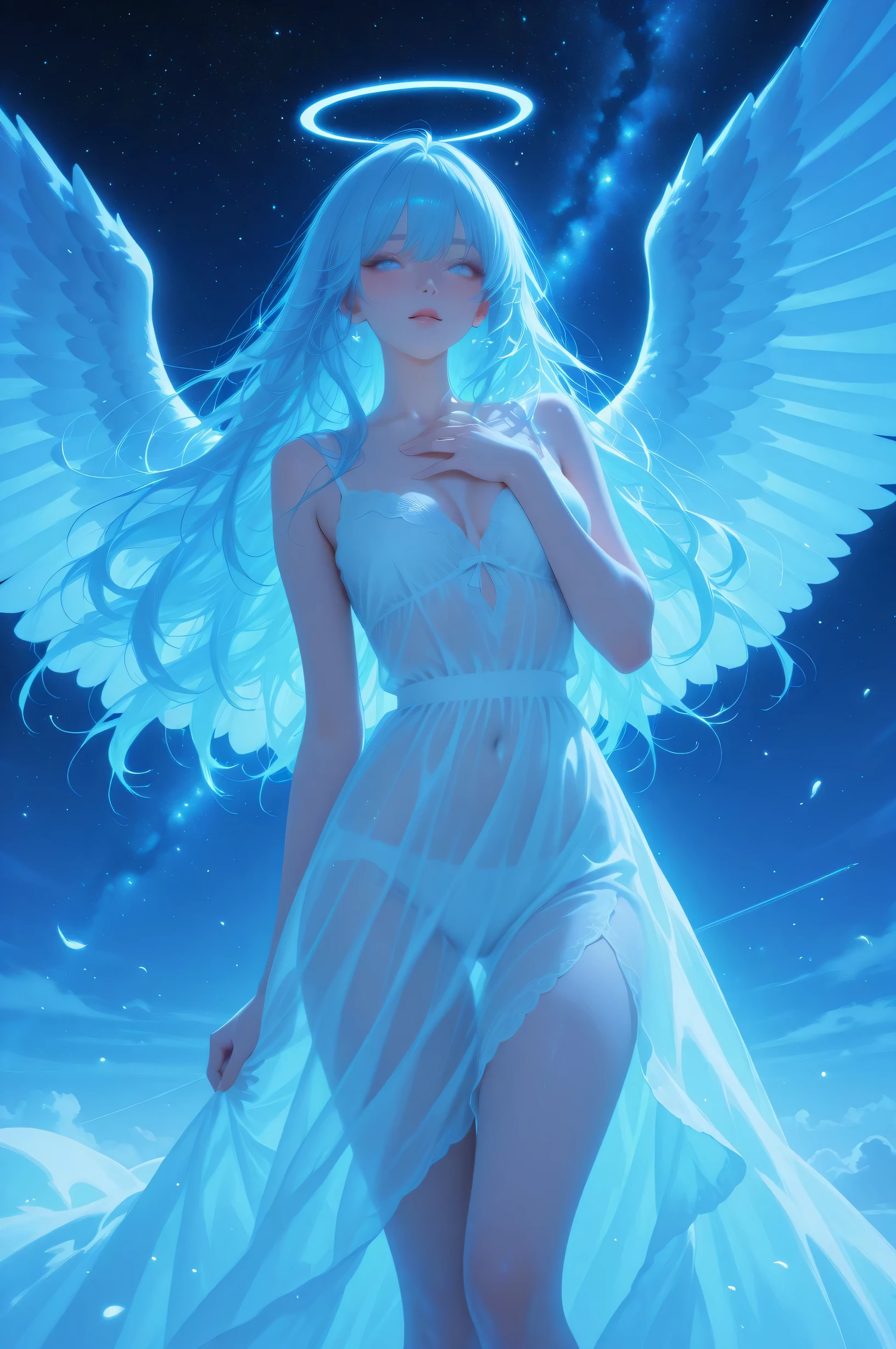 expressive eyes that convey sadness and hope. angels in an ethereal and melancholy scene, Delicate neutral face, the surrounding scene is mystical twilight, long, fluttering hair. Her big, the majestic wings are clearly damaged, as if the feather is broken, realistic details in the texture of wings and angel expressions. and some gently fall to the ground, Sky blue and white theme and jet black starry sky, angels in an ethereal and melancholy scene. as if the sky is changing, should evoke a mixture of soft light and shining particles like {x}, It should contrast with the aura and evoke a mixture of soft light and shining particles like. This atmosphere is pain and, Resilience, and Tragic Beauty, realistic details in the texture of the angel's vulnerability.delicate touch、Beautiful skin details、Delicately express the color of transparent skin。((dynamic pose))
