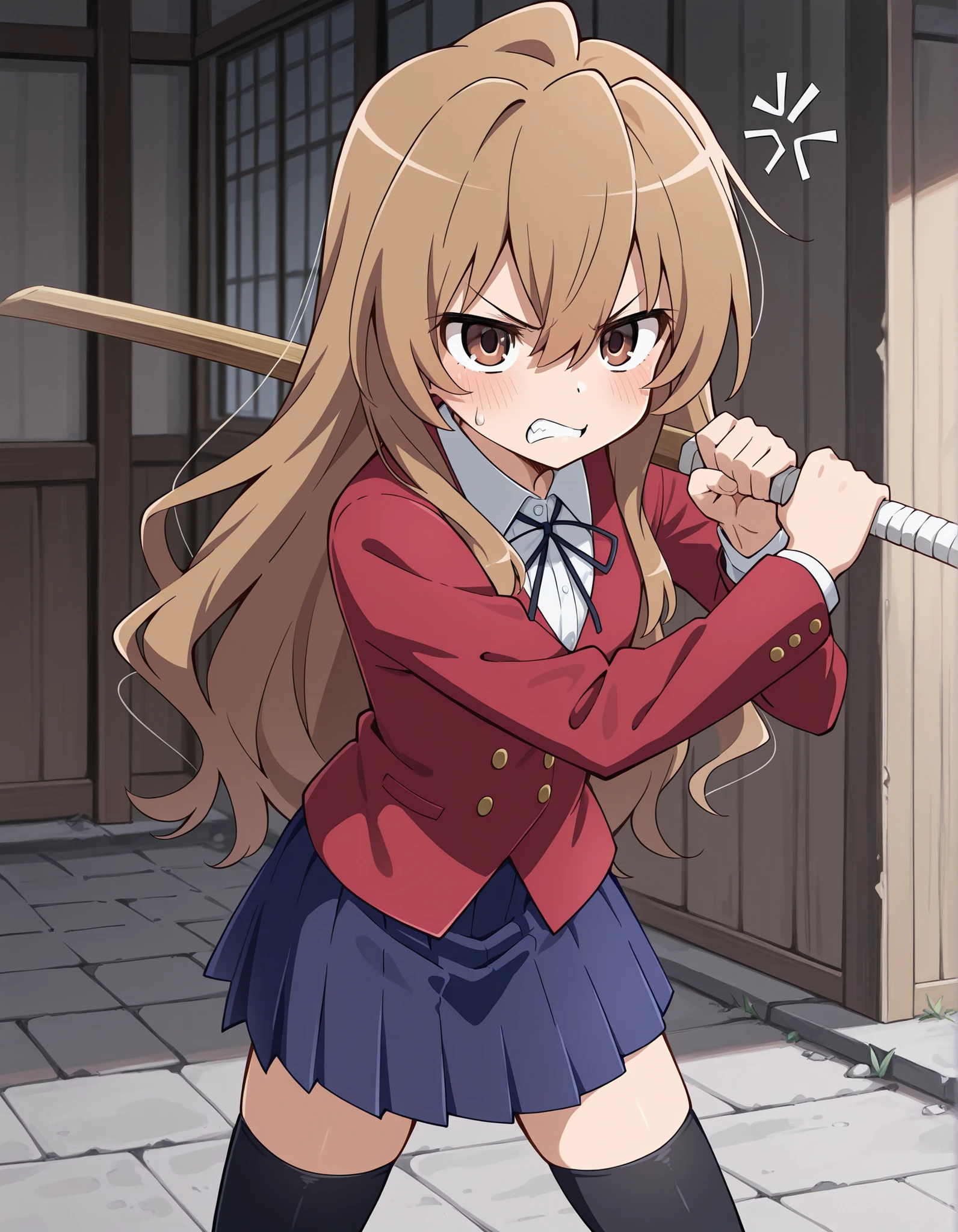 tagai, solo, Taiga Aisaka,1girl, school uniform, light brown hair, long hair, long hair, brown eyes, red jacket, blue skirt,pleated_skirt, black thighhighs,, holding wooden sword, anger, aggressive, bad mood