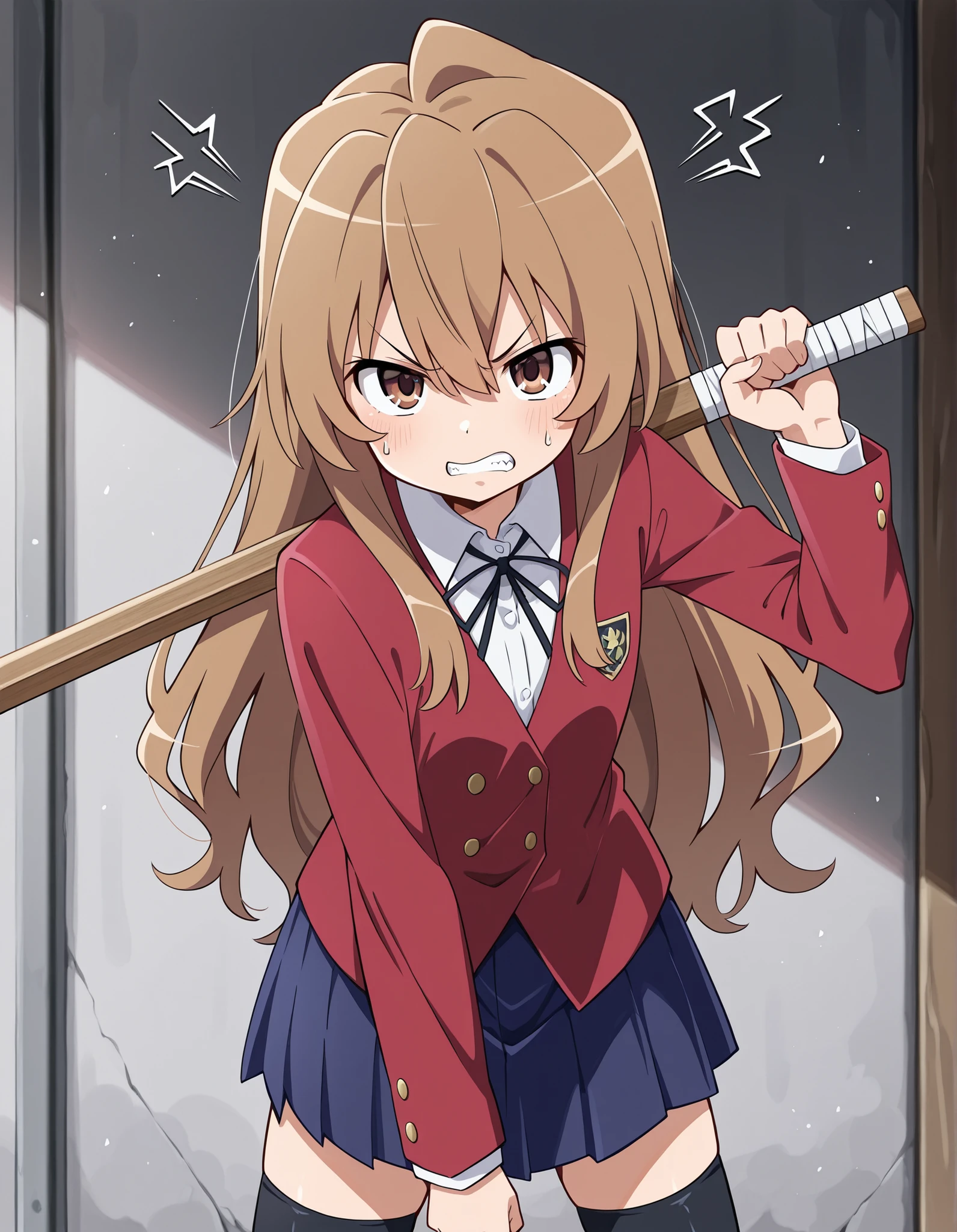 tagai, solo, Taiga Aisaka,1girl, school uniform, light brown hair, long hair, long hair, brown eyes, red jacket, blue skirt,pleated_skirt, black thighhighs,, holding wooden sword, anger, aggressive, bad mood