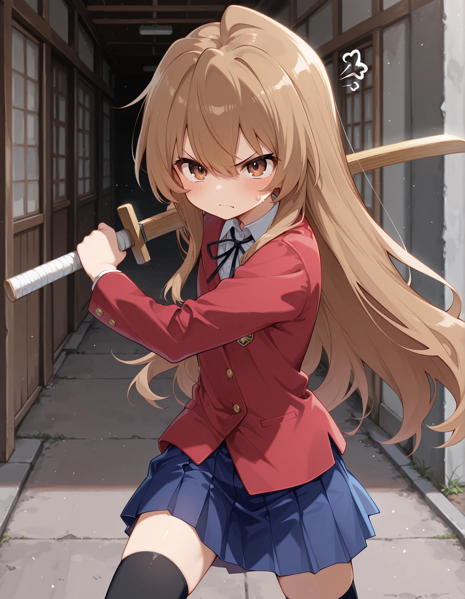 tagai, solo, Taiga Aisaka,1girl, school uniform, light brown hair, long hair, long hair, brown eyes, red jacket, blue skirt,pleated_skirt, black thighhighs,, holding wooden sword, anger, aggressive, bad mood