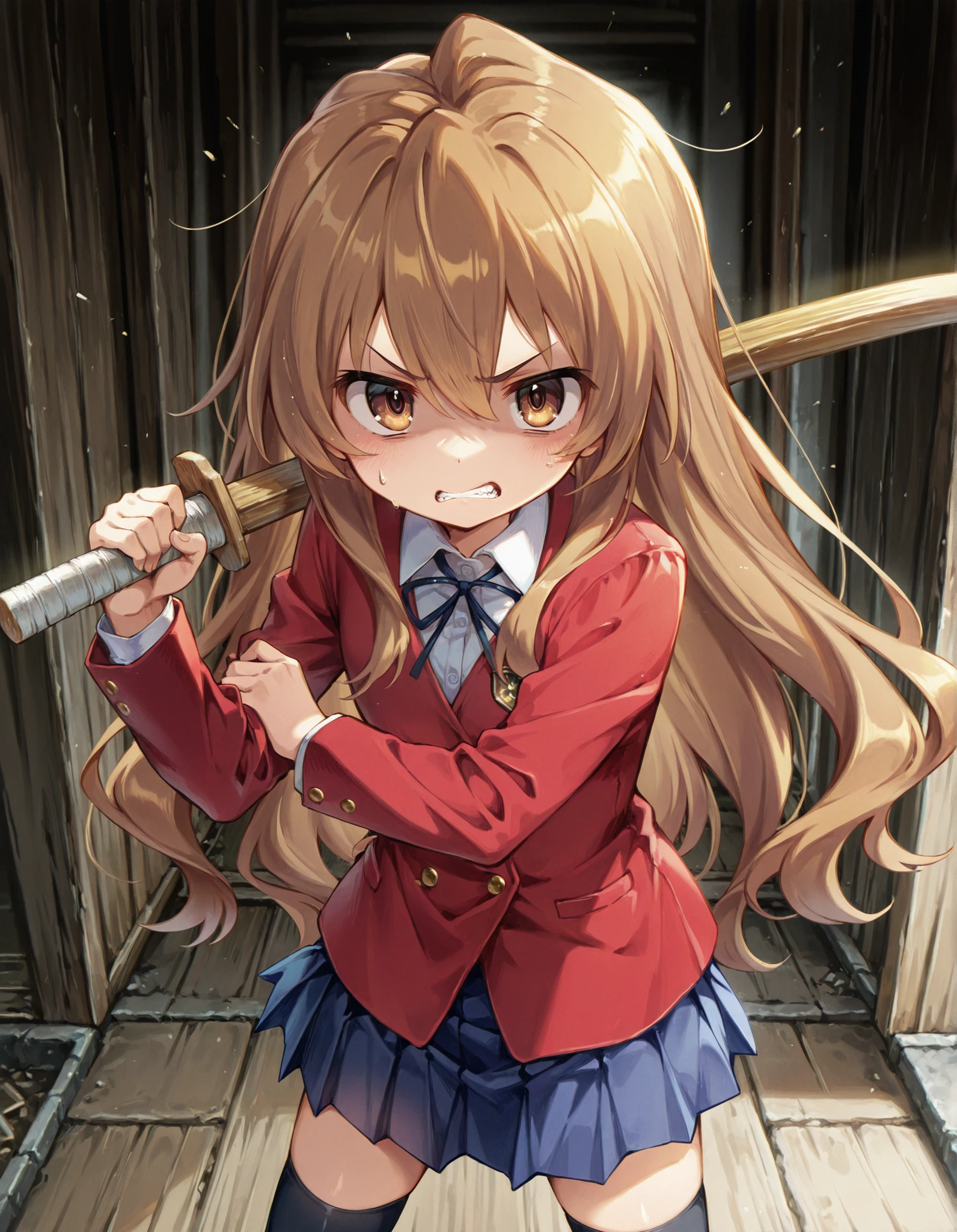 tagai, solo, Taiga Aisaka,1girl, school uniform, light brown hair, long hair, long hair, brown eyes, red jacket, blue skirt,pleated_skirt, black thighhighs,, holding wooden sword, anger, aggressive, bad mood