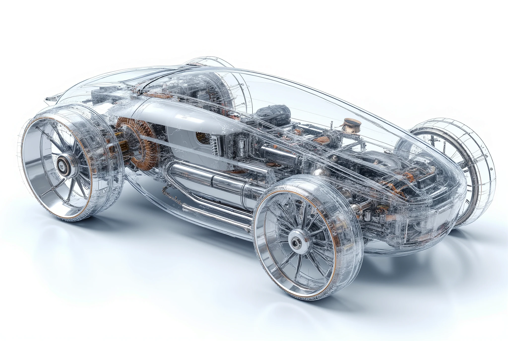 A hyper-realistic, 8K HD photorealistic full-view close-up image of a futuristic mechanical [OBJECT]. It is crafted completely from transparent hard plastic, shaped exactly like its real-world form, with no missing parts. Every section is consistently mechanical — revealing intricate internal components across the whole body: [DETAILS]. All components are fully enclosed inside the solid transparent plastic shell, clearly visible beneath the surface with realistic refraction and light distortion, creating a strong sense of depth and separation. No parts are protruding outside the shell. The object is fully visible in a single stable angle, perfectly centered in the frame, captured with even lighting to avoid cut-off or partial views. Background is pure white, keeping all attention on its mesmerizing complexity.