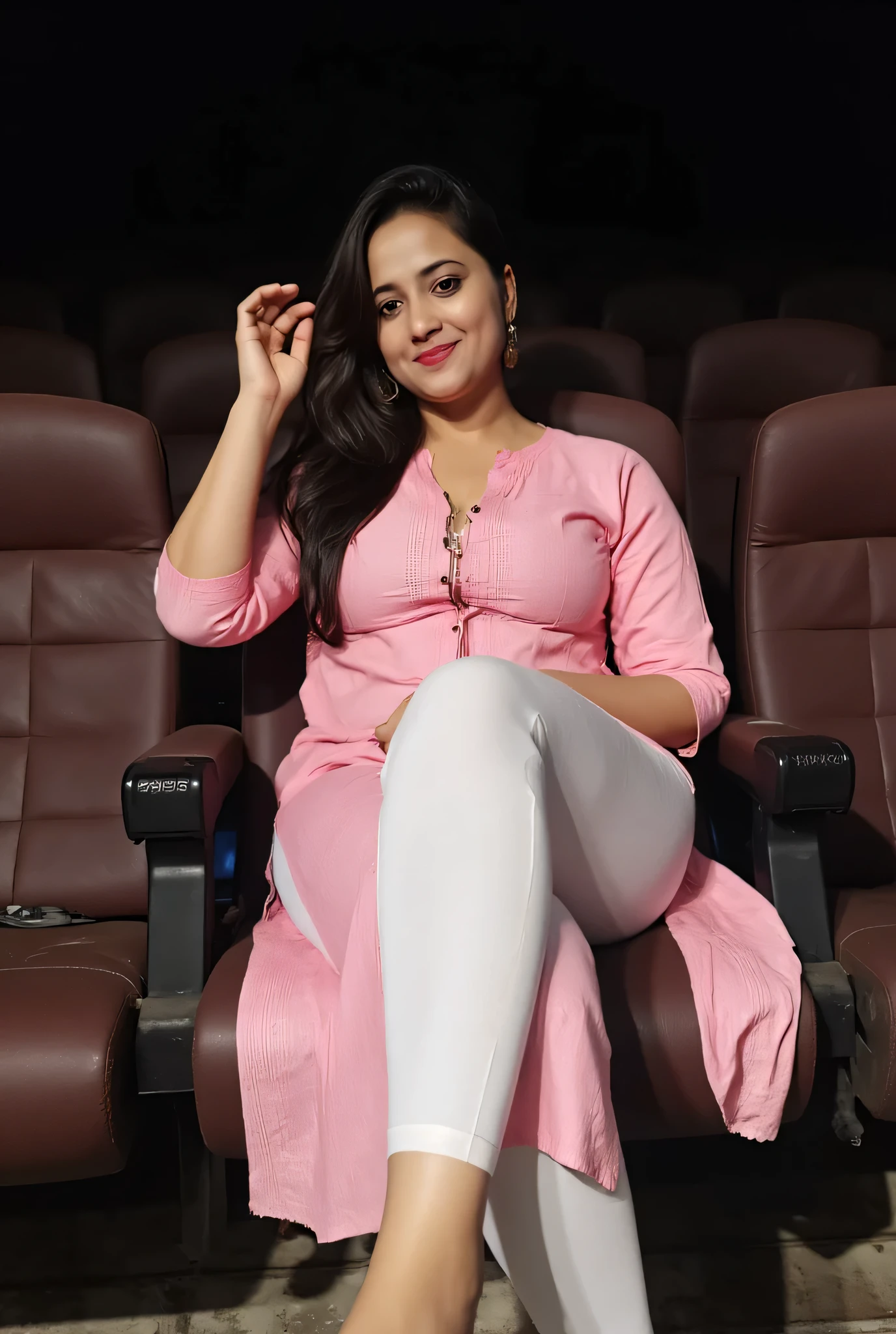 Sofia 23 year old  hot sexy  girl ,kurti leggings she is watching movie on theater ,focus on breast and leggings,big breast size, average body,leggings She lifting up her kurta with her hand and shows off her leggings.. She is  leggings feetthe thigh expose  pose  ,leggings sexy hot structure feet, big breast,side leg feet focus on sexy side posing feet  hot pose legging tight,indian hot side pose full image from head to leg Both side  cleavage pink bra and white legging wet tight with panty lines