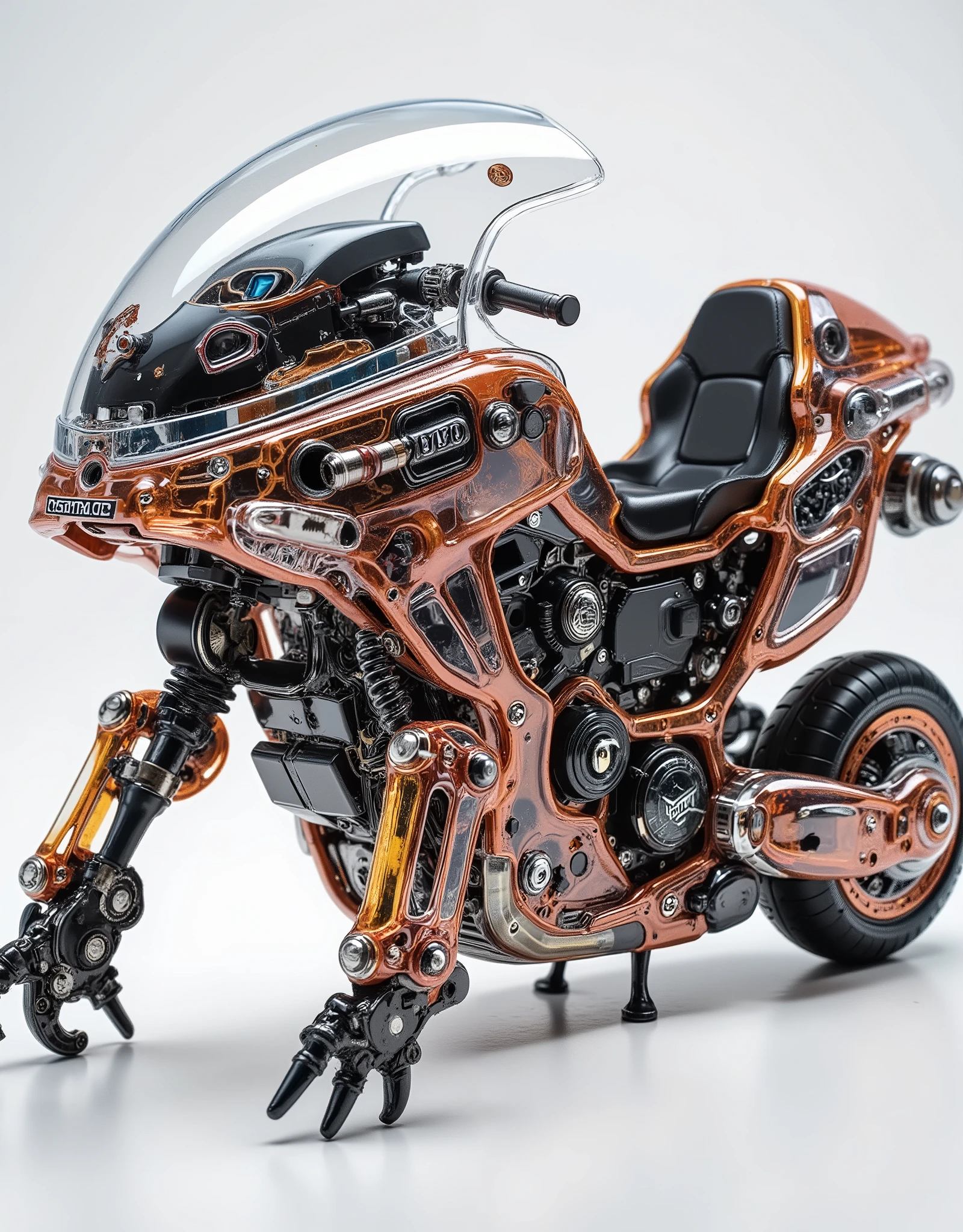 A hyper-realistic, 8K HD photorealistic full-view close-up image of a futuristic mechanical [OBJECT]. It is crafted completely from transparent hard plastic, shaped exactly like its real-world form, with no missing parts. Every section is consistently mechanical — revealing intricate internal components across the whole body: [DETAILS]. All components are fully enclosed inside the solid transparent plastic shell, clearly visible beneath the surface with realistic refraction and light distortion, creating a strong sense of depth and separation. No parts are protruding outside the shell. The object is fully visible in a single stable angle, perfectly centered in the frame, captured with even lighting to avoid cut-off or partial views. Background is pure white, keeping all attention on its mesmerizing complexity.