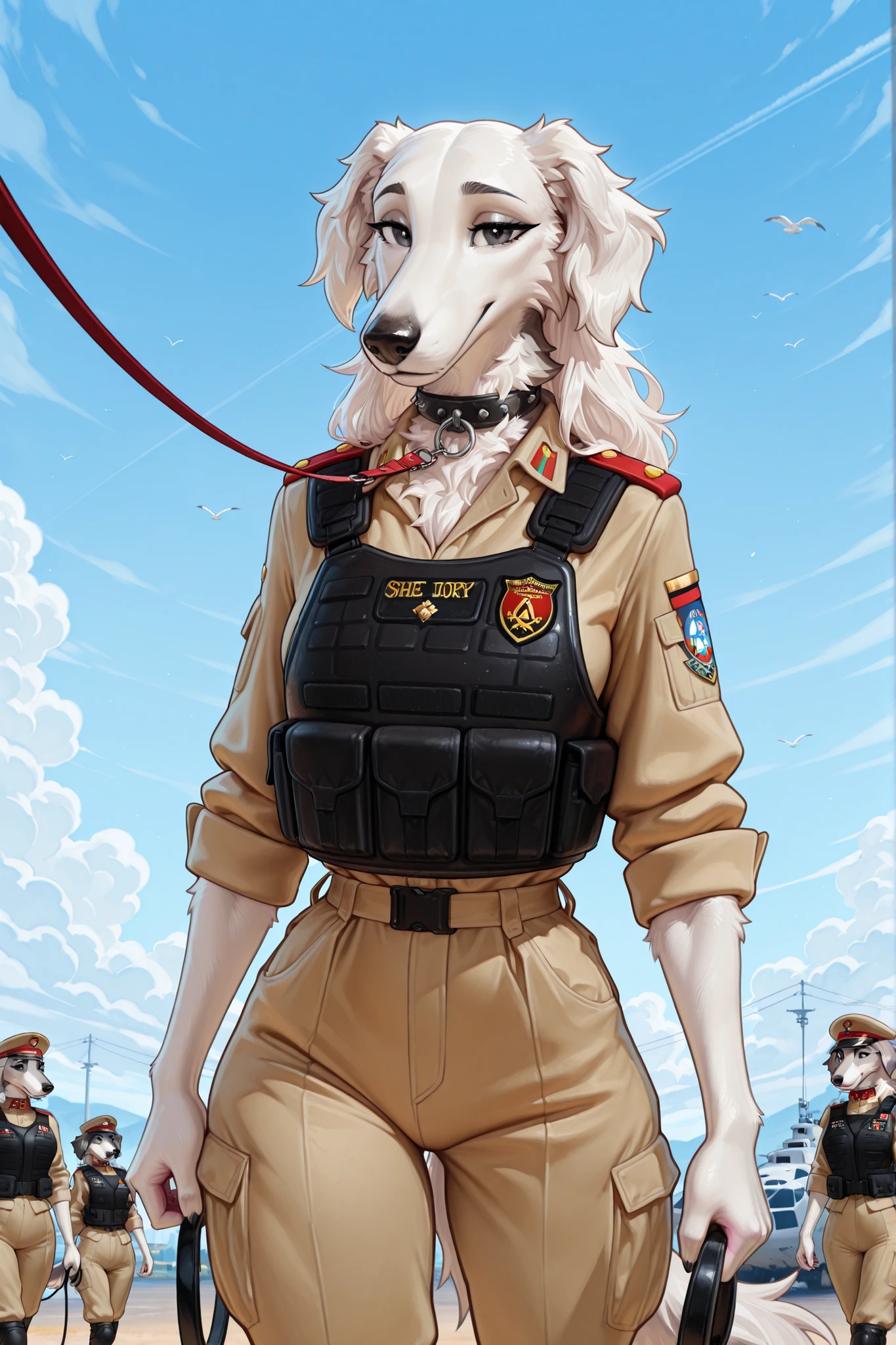 (borzoi_anthro),(masterpiece, detailed:1.2),Girl are anthropomorphic furry Russian wolfhound dog. She has slim bodytype. She has ivory white fur skin. She has short frizzy ivory white hair. She has black eyes. She are dressed in army uniform, trousers, a jacket, and an armored vest with a "k9" badge. She has a collar and a leash.(In the background: a military base.)
