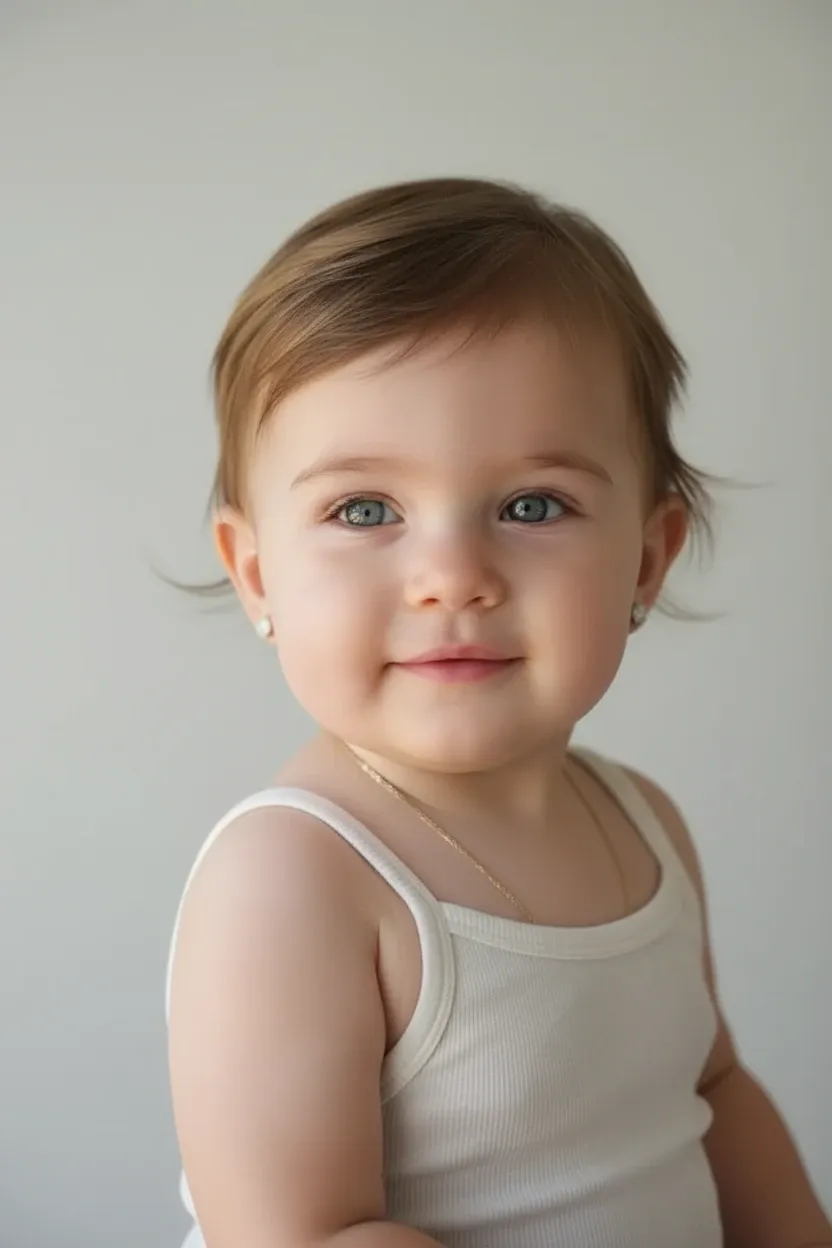 Picture Perfect pretty face of a TWO years old baby boy and picture perfect cute face of SIX months old baby girl with headband. Photoshoot. White babies. Brown hair. hazel brown eyes. pink lips. Half Spanish 