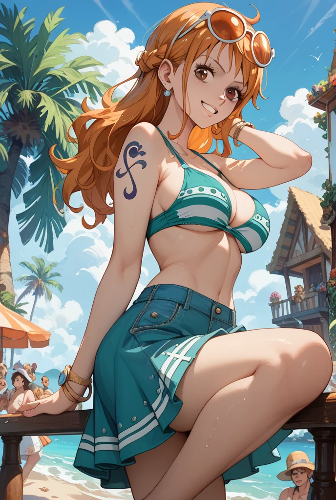 detailed background, masterpiece, 4k, best quality, late youth, adult, wrestler body, 1girl, active, energic, uppercut, (large mouth) , solo, nami \(one piece\), 1girl, bangle, (very wet, drenched in sweat, sweat all over body, very wet hair, tired, taking breath, open mouth, hand on stomach, sweaty face, sweaty body, panting, sweating too much, shiny sweat, sweat stains, leaning forward, tilting, hands on knees, waving good bye), perfect detailed face, bold drawing lines, muscular arms, detailed bold arm lines, flat jaw, adult woman, wavy wide streaked bangs, floating bang streaks, (big cheeks), ???? shoulders, off-shoulders, belt, ??????, ?????? top only, blue sky, bracelet, springy ???????, ?????? lines, big round eyes, plain big brown shiny eyes, bubbles, high eye position, cleavage, cloud, day, denim, earrings, floating hair, shiny hair, green belt, green ??????, bold groin lines, jeans, jewelry, ?????????????, log pose, long hair, looking at viewer, navel, wet hair, orange hair, pants, shoulder tattoo, sidelocks, sky, solo, standing, stomach, swimsuit, tattoo , looking at viewer, open mouth, detailed left arm, big forehead, hourglass figure, small head, toned body, wide hair, wind effect, sun effect, under the sun, narrow small ears angle, older, random poses,