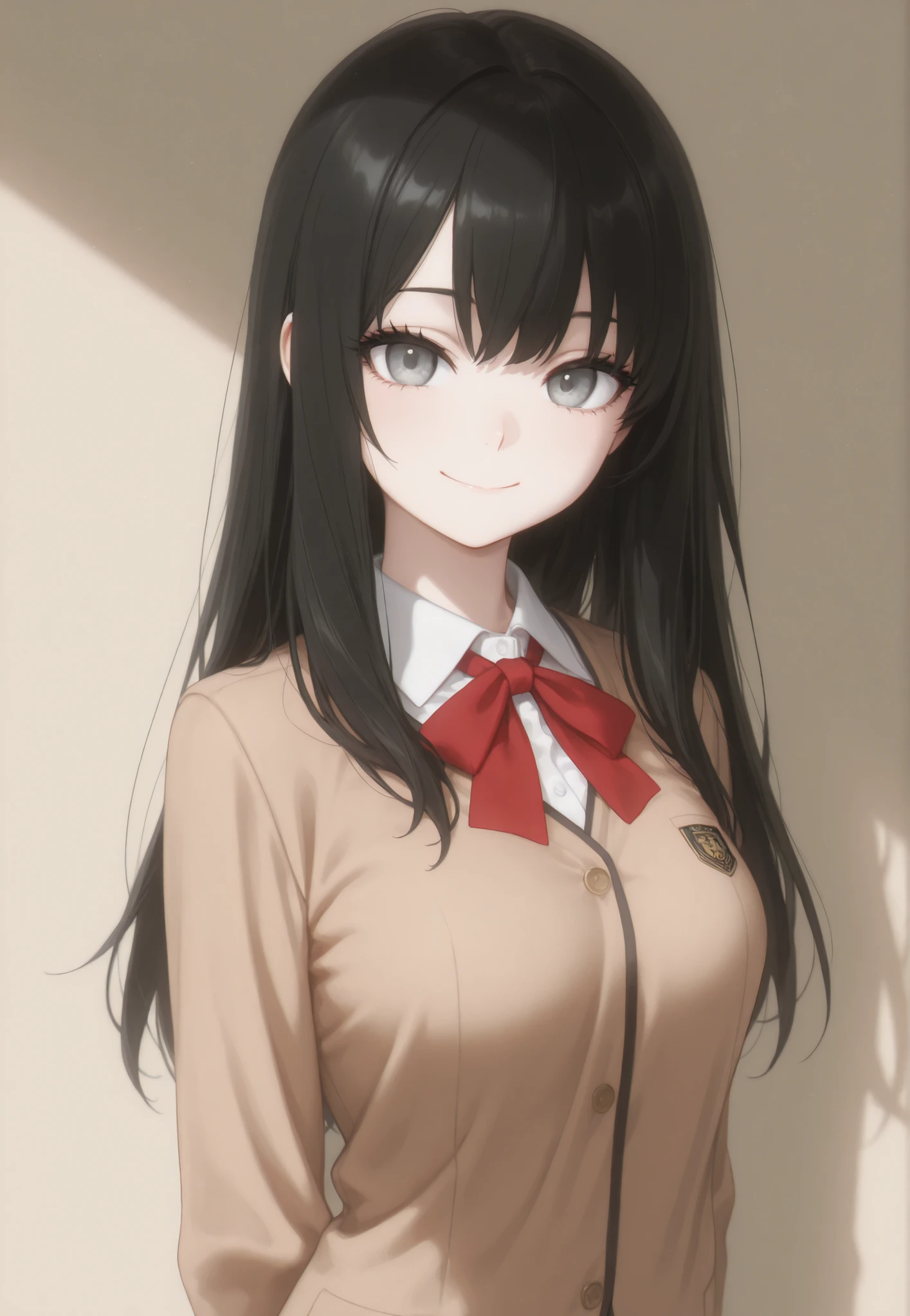 Masterpiece, Best Quality, Newest, Safe, Good Anatomy, Good Resolution, Good Lighting. Beautiful, Anime, Normal. Japanese girl, Teenager, Long Black Hair. Light Gray Eyes, Black Eyelashes. Fair Skin, Kind Smile, Medium Breasts. She is 12 Years Old, Height 1'48 cm. Looking at Viewer, Alone, Background:Simple Beige Background. Wearing Clothing:School Uniform.