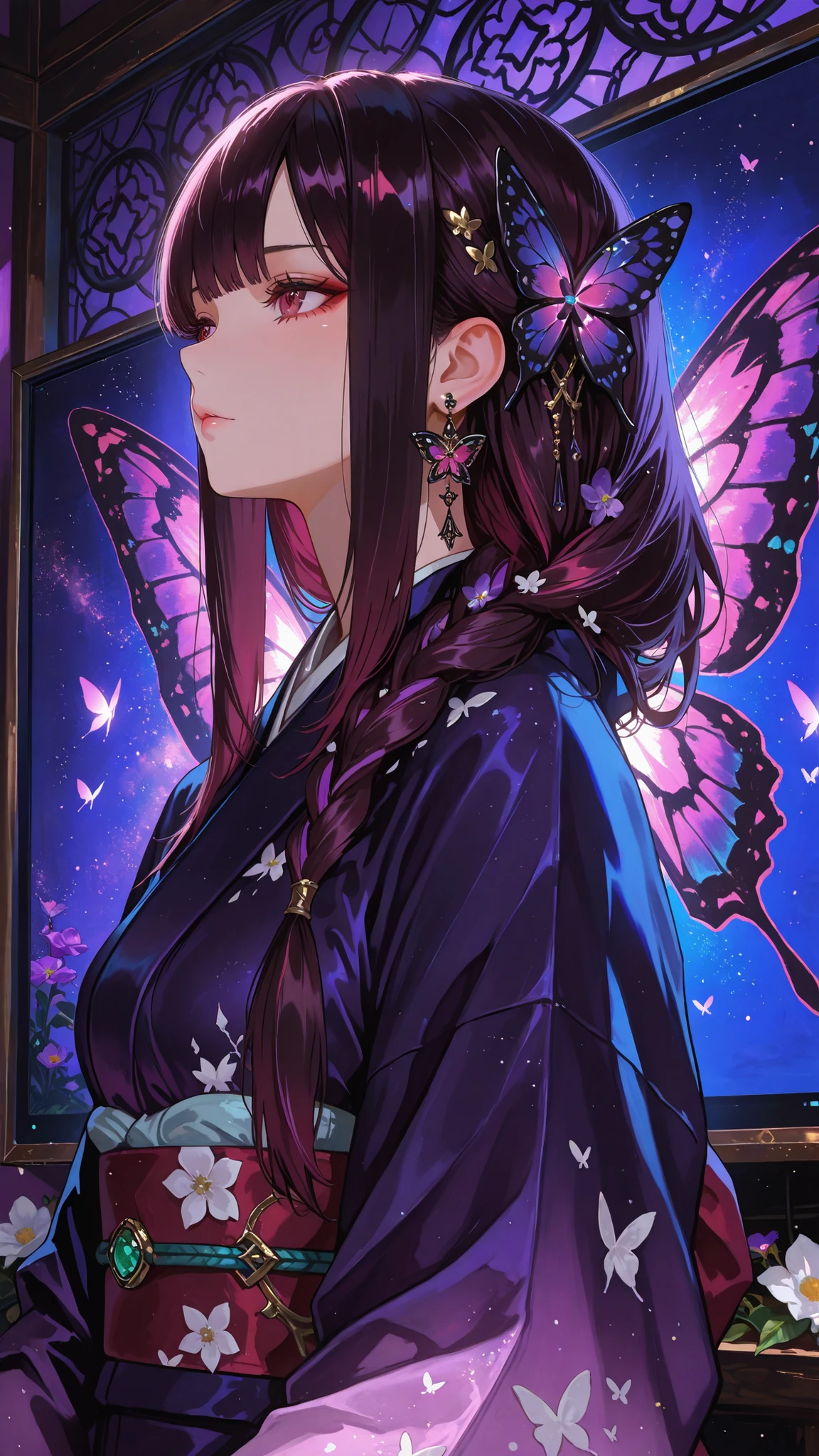 solo girl, (maroon eyes), (black long hair), (purple gradient highlight on the right side of the screen), (Bangs Patten), Brandt End, princess cut side lock, thin braid, butterfly earring, butterfly hair accessories, cool expression,
Kimono, Wear a , Flowers everywhere, Tenderly touching her hair,
Shining Light, Magic lighting,
masterpiece, Highest Quality, beautiful、And aesthetic , very beautiful face, detail, detail background, deep of field, Wonderful, charming, Enchanting, cinematic lighting, cinematic composition, anime style, bright colors, Fine Lines, Dreamy, absurd, fantasy background, dynamic pose that shines from neck to chest,