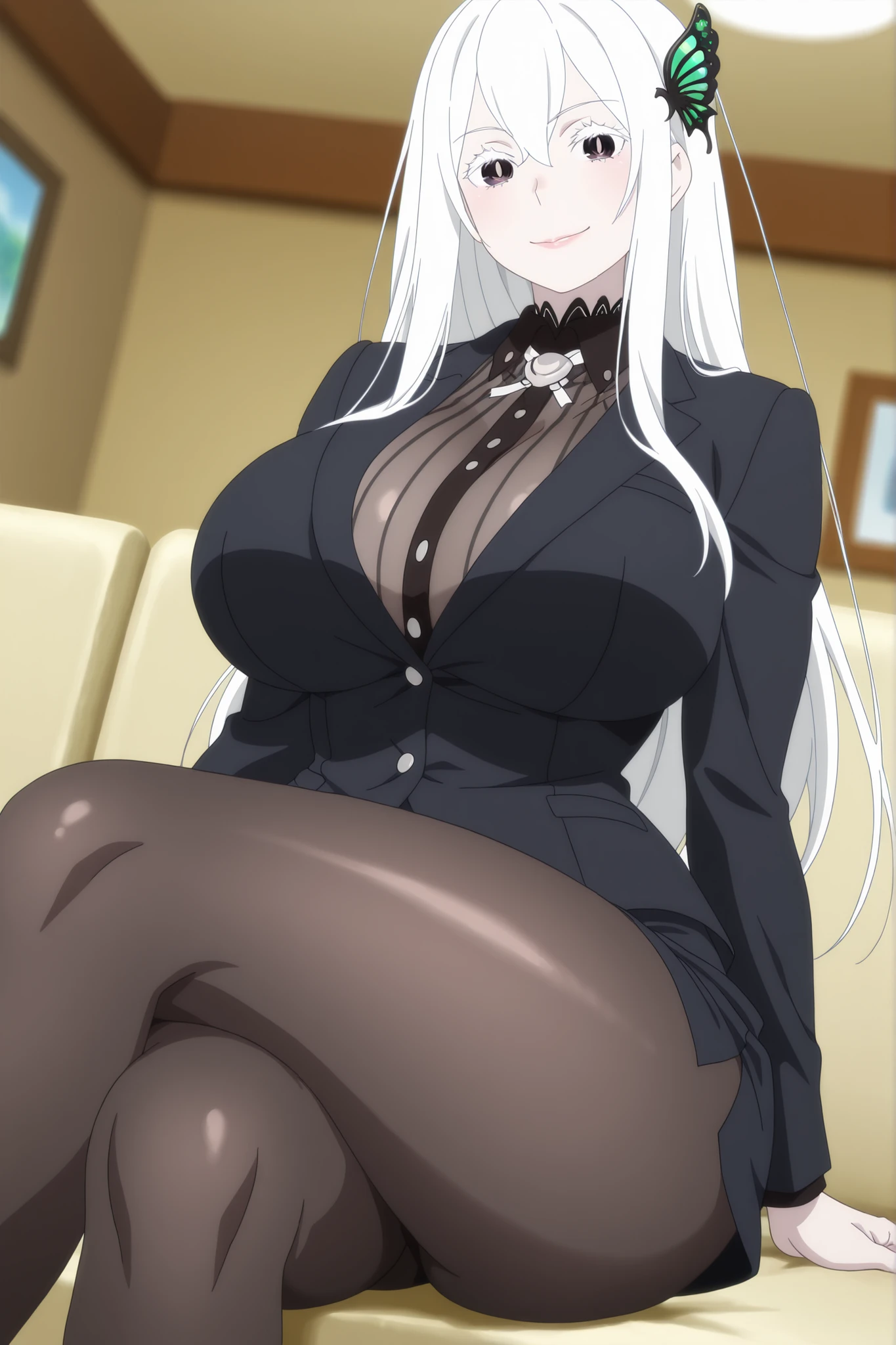 newest , masterpiece , anime screencap , anime coloring , masterpiece, best quality , echidna, 1girl, adult female, milf, motherly, pale skin, long hair, white hair, butterfly hair ornament, open eyes, hair between eyes, bangs, white eyelashes, ractical body shape, glamorous bodies, attractive bodies, motherly, Curvy, Slutty, Neat, huge breasts, big buttocks, thick thighs, Toned thighs, lips, , view detailed body, ((suit , jacket , skirt , black pantyhose , curvy , thighs ,)), smile , sitting , crossed legs , from front , dutch angle , (looking at viewer) , (cowboy shot) , living room , blurred background, (((Sexy,)))