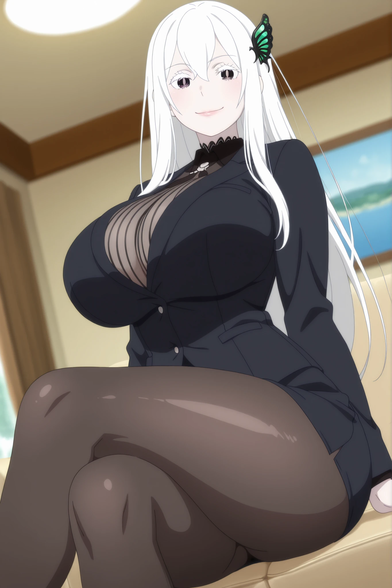 newest , masterpiece , anime screencap , anime coloring , masterpiece, best quality , echidna, 1girl, adult female, milf, motherly, pale skin, long hair, white hair, butterfly hair ornament, open eyes, hair between eyes, bangs, white eyelashes, ractical body shape, glamorous bodies, attractive bodies, motherly, Curvy, Slutty, Neat, huge breasts, big buttocks, thick thighs, Toned thighs, lips, , view detailed body, ((suit , jacket , skirt , black pantyhose , curvy , thighs ,)), smile , sitting , crossed legs , from front , dutch angle , (looking at viewer) , (cowboy shot) , living room , blurred background, (((Sexy,)))