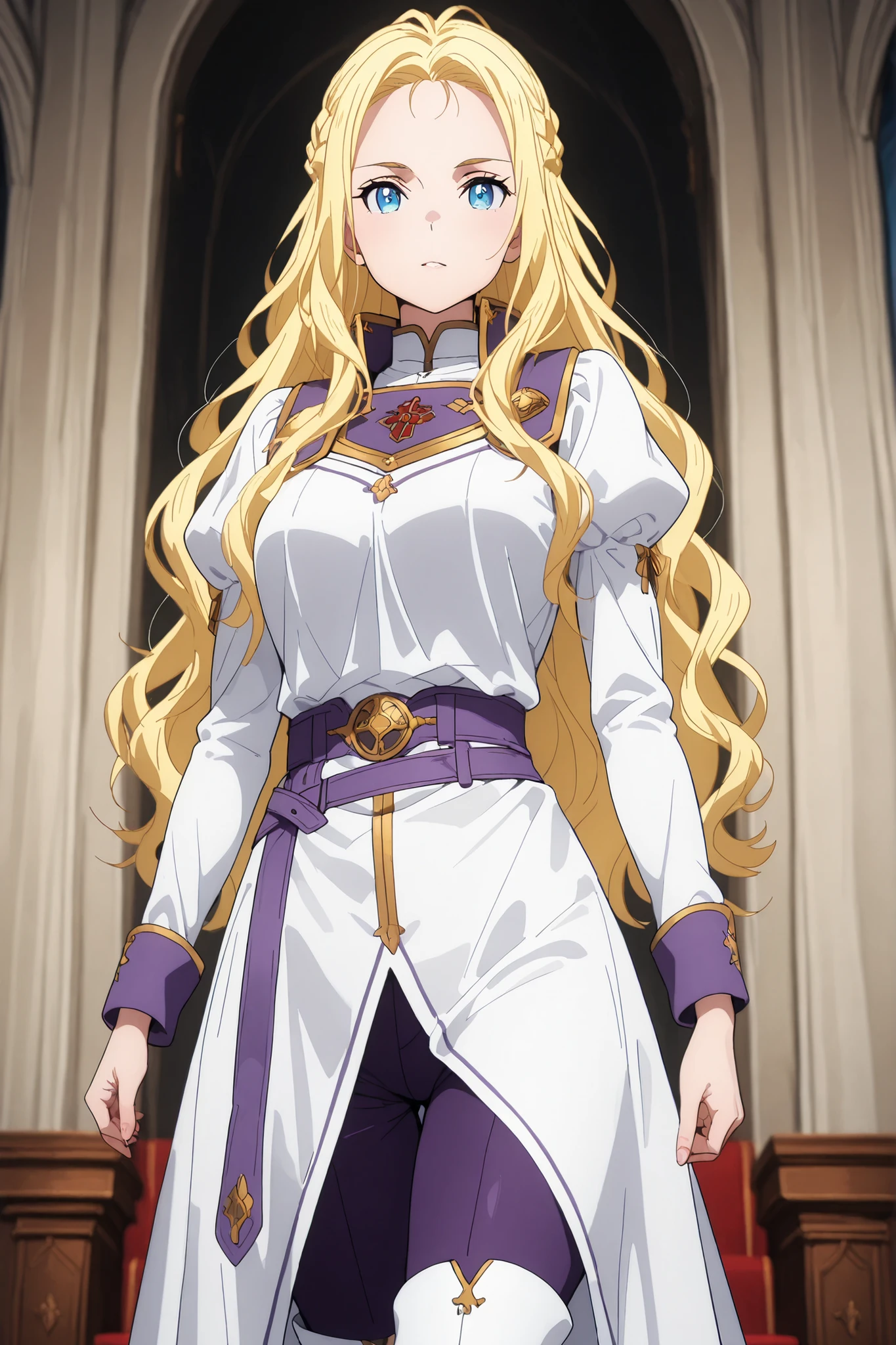 solo, ushio kofune, long hair, wavy hair, blond hair, braid, blue eyes, in a castle, rpg style, medieval princess, white medieval tunic, white top, white thigh boots, purple tight pants, purple belt, outfit with gold trim, fantasy style, perfect eyes, perfect body, in a castle, , very beautiful, standing, femdom, submitting viewer