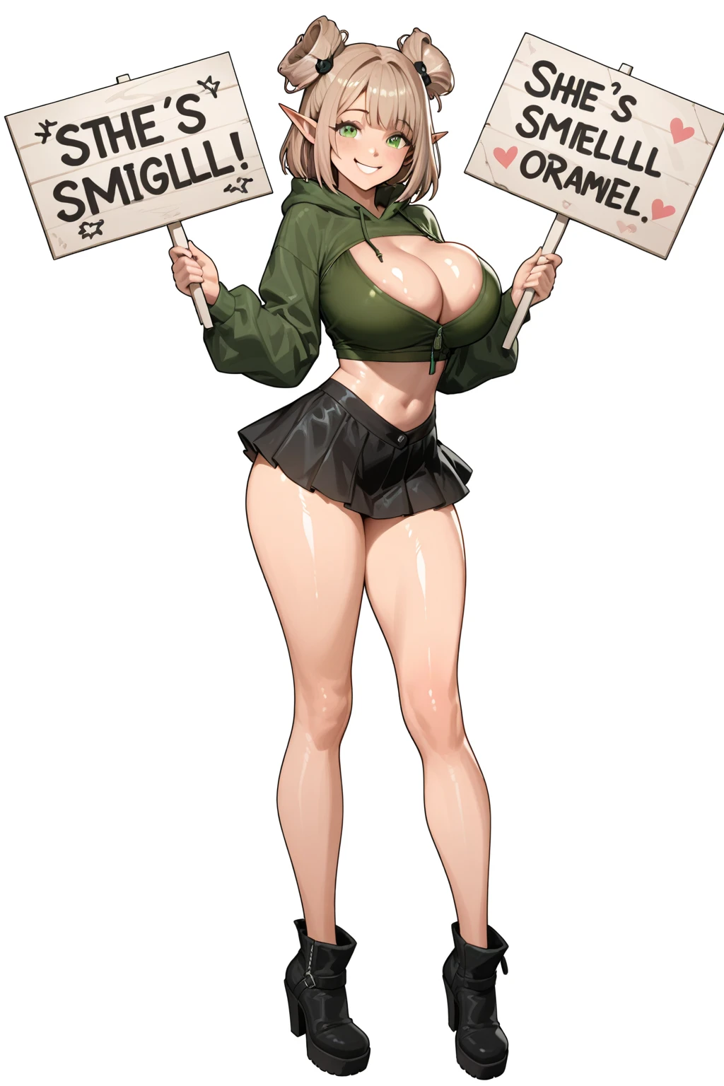 WAB Style, A digital illustration depicts a voluptuous woman with green hair in a high ponytail, blue eyes, and a confident smile. She wears a revealing red dress and a white shirt tied around her waist, accentuating her . A sword hangs at her side, and she has a belt with a gold buckle. She is holding wooden sign carved text "WAB Style".