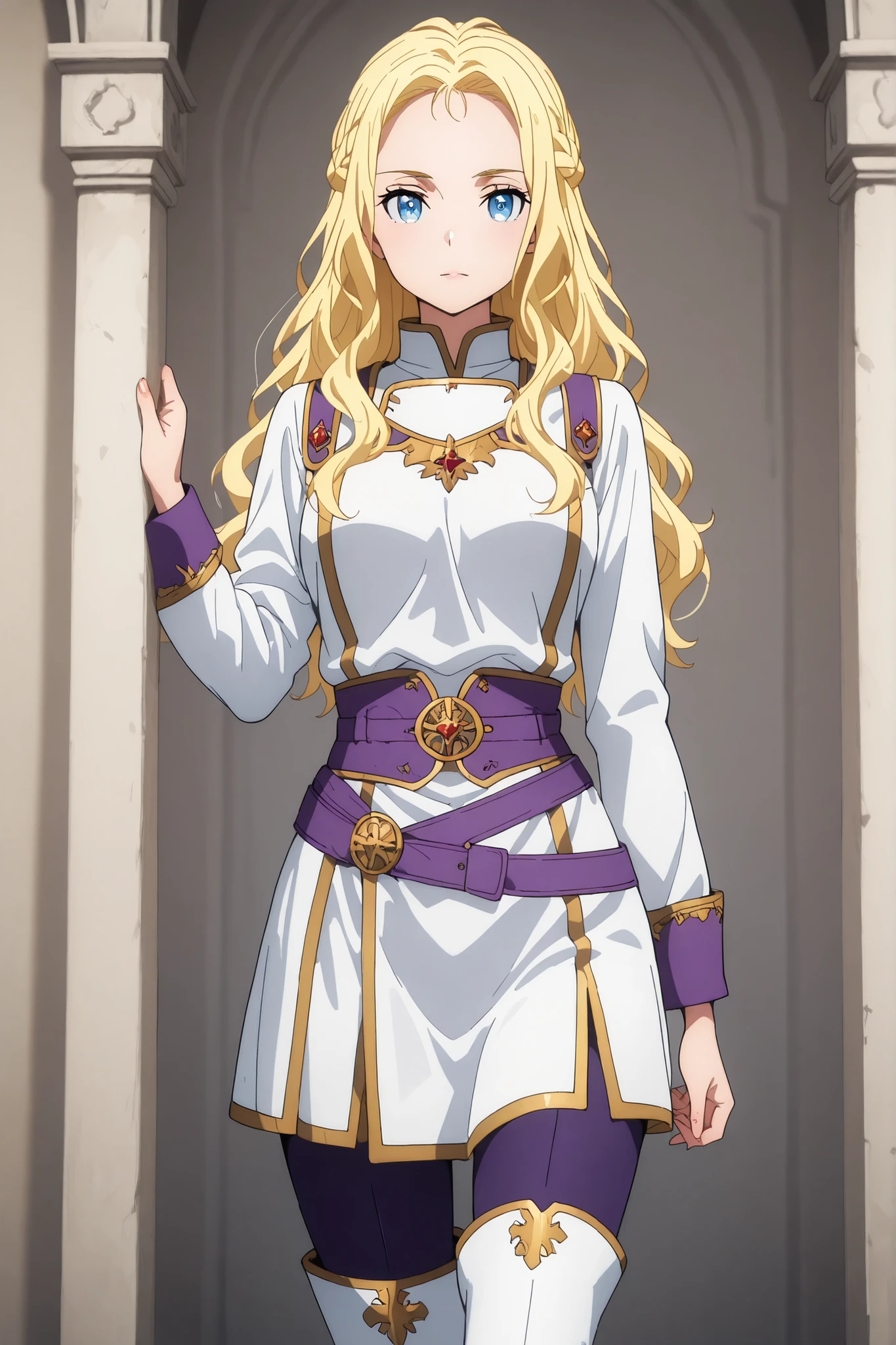 solo, ushio kofune, long hair, wavy hair, blond hair, braid, blue eyes, in a castle, rpg style, medieval princess, white medieval tunic, white top, white thigh boots, purple tight pants, purple belt, outfit with gold trim, fantasy style, perfect eyes, perfect body, in a castle, seductive, very beautiful, standing, femdom, submitting viewer