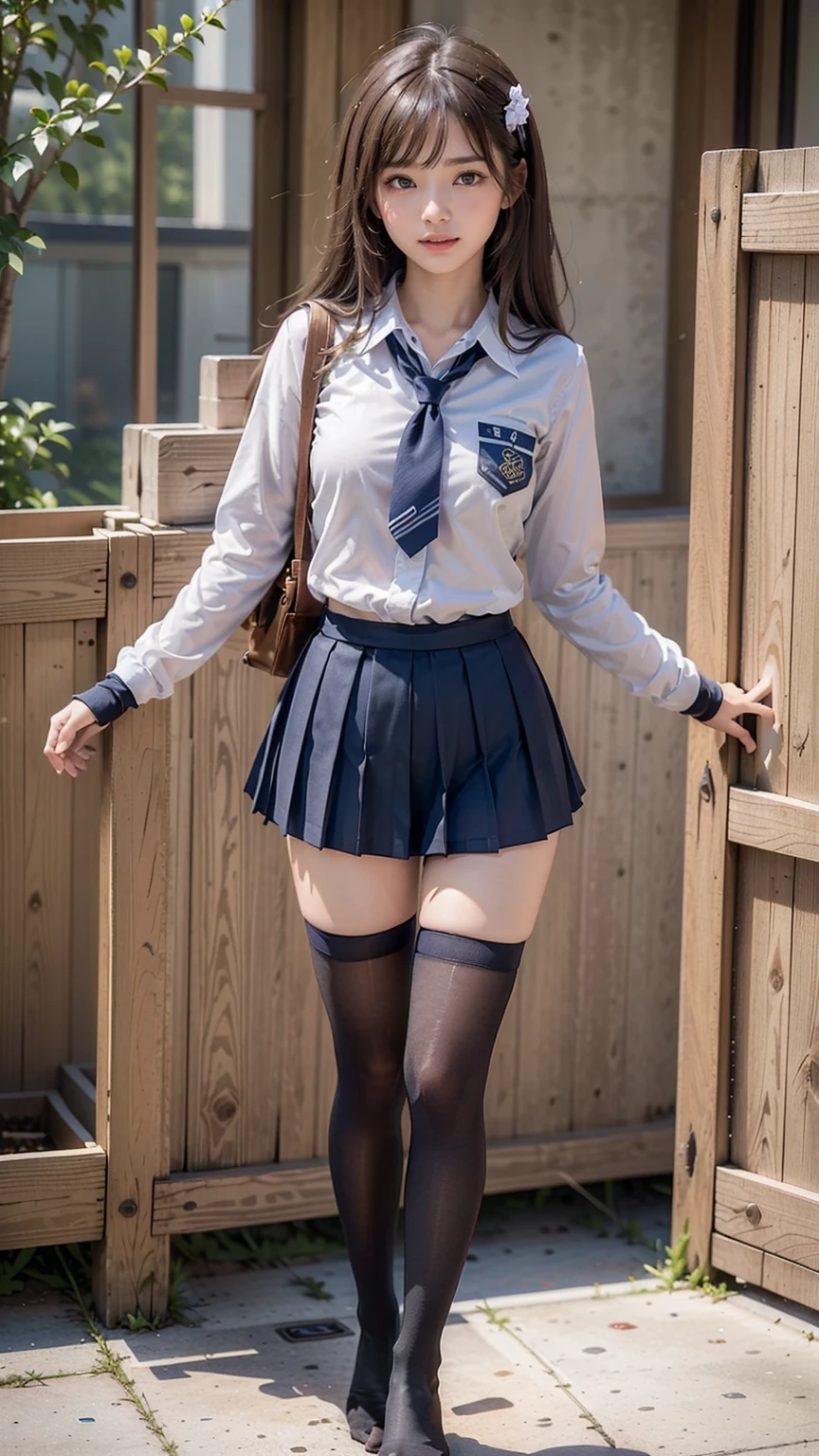 (masterpiece, Highest quality:1.2), 8k, Young and beautiful girl, 85mm,Official AR RAW Photos, Baby Face、小さいchest、Show me your ears、photo shoot, Cute Face, Thighs, After-School Classes, Looking at the audience, Embarrassing、smile、Landmine Makeup, Film Grain, chromatic aberration, Sharp focus, Face Light, Bright lighting, 10 generations, Detailed face, Background Blur、((((((13 years old)))))、Tight waist、Nipples、chest、Belted denim pleated mini skirt、White panties are visible、姿頭部からkneesまで、knees、Front view、Wear short socks、Semi-long hair、Upper body naked、Nipplesが見えている、topless、Aカップの、小さい