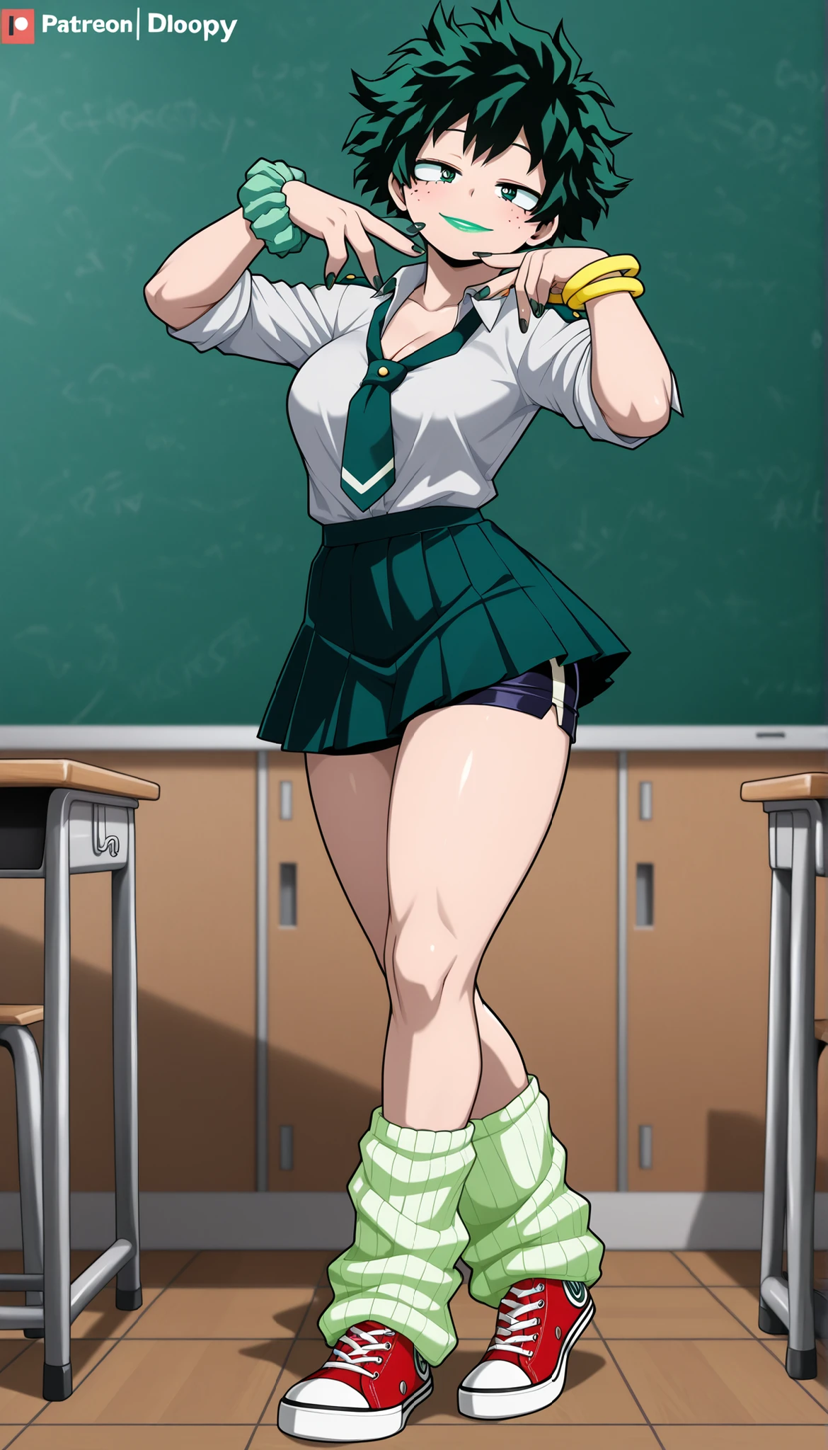 ((Highest Quality)), ((Classroom background)), (My Hero Academia Style), (by day), 1female, female, medium Breast, thighs, hips, thick shins, solo, Athletic body, tall, standing, (Full Body), Midoriya Izuku, gender bender, half-closed eyes, green eyes, very short hair, pale skin, dark green nail polish, Gyaru, school uniform, school uniform outfit, loose green tie, pale green loose leg warmers, Red Converse, Converse, neon green lipstick, neon green hair, green scrunchie wrist, cleavage, shorts under skirt, neon green eyeshadow, seductive smile, mischievous look, sexy pose, sexy Gyaru, ((droopy eyes)), 