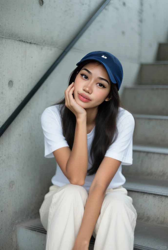 endo_sakura, a young woman sitting on a wooden bench. She is wearing a white baseball cap with a gold logo on the front and a grey t-shirt underneath. She has long dark hair and is looking directly at the camera with a slight smile on her face. The bench is green and there are pink flowers in the background. The overall mood of the image is casual and relaxed.