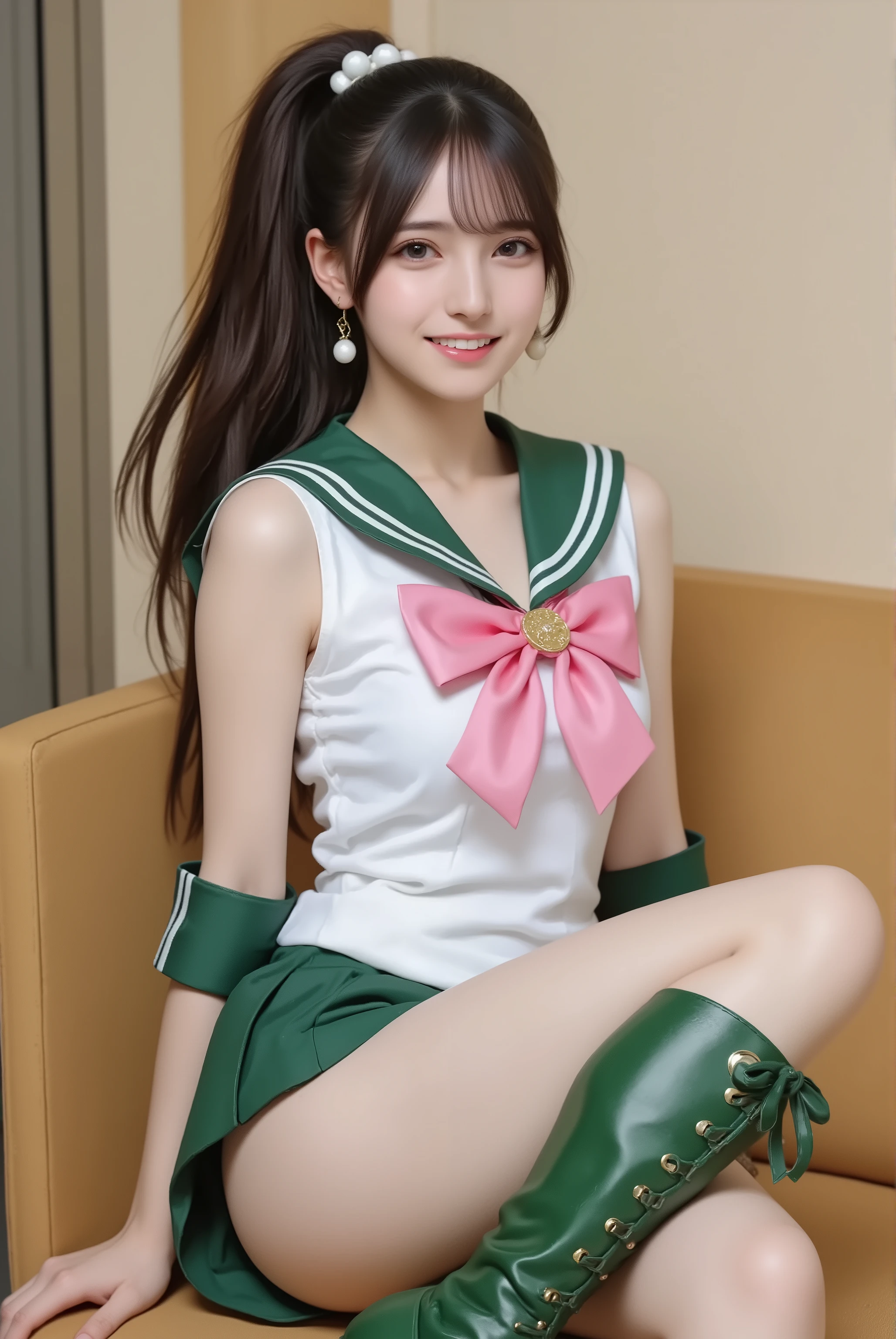 photorealistic cosplay photo, Japanese gravure style,
a tall and athletic Japanese idol-style young woman cosplaying as Sailor Jupiter from Sailor Moon,
bust-up or three-quarter portrait,
long brown hair tied in a high ponytail with bobbles, bangs framing the face,
wearing Sailor Jupiter’s iconic sailor senshi uniform: white leotard, green skirt, green collar, pink bow on chest, pink bow on back, green boots with lace-up design, rose-shaped earrings,
confident but kind smile, natural makeup,
studio or outdoor background with cinematic lighting,
realistic skin details, sharp eyes, detailed hair strands,
idol gravure photography composition, clearly recognizable as Sailor Jupiter cosplay