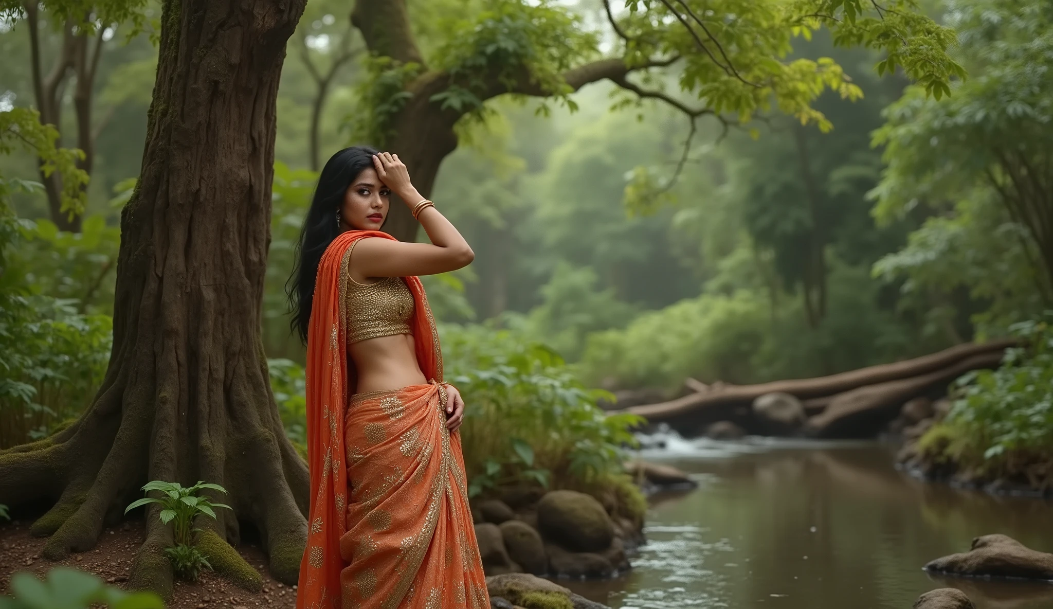 Full hd elegant picture of a 25years old women wearing saree and blouse wandering around in the forest and thinking in sad mood