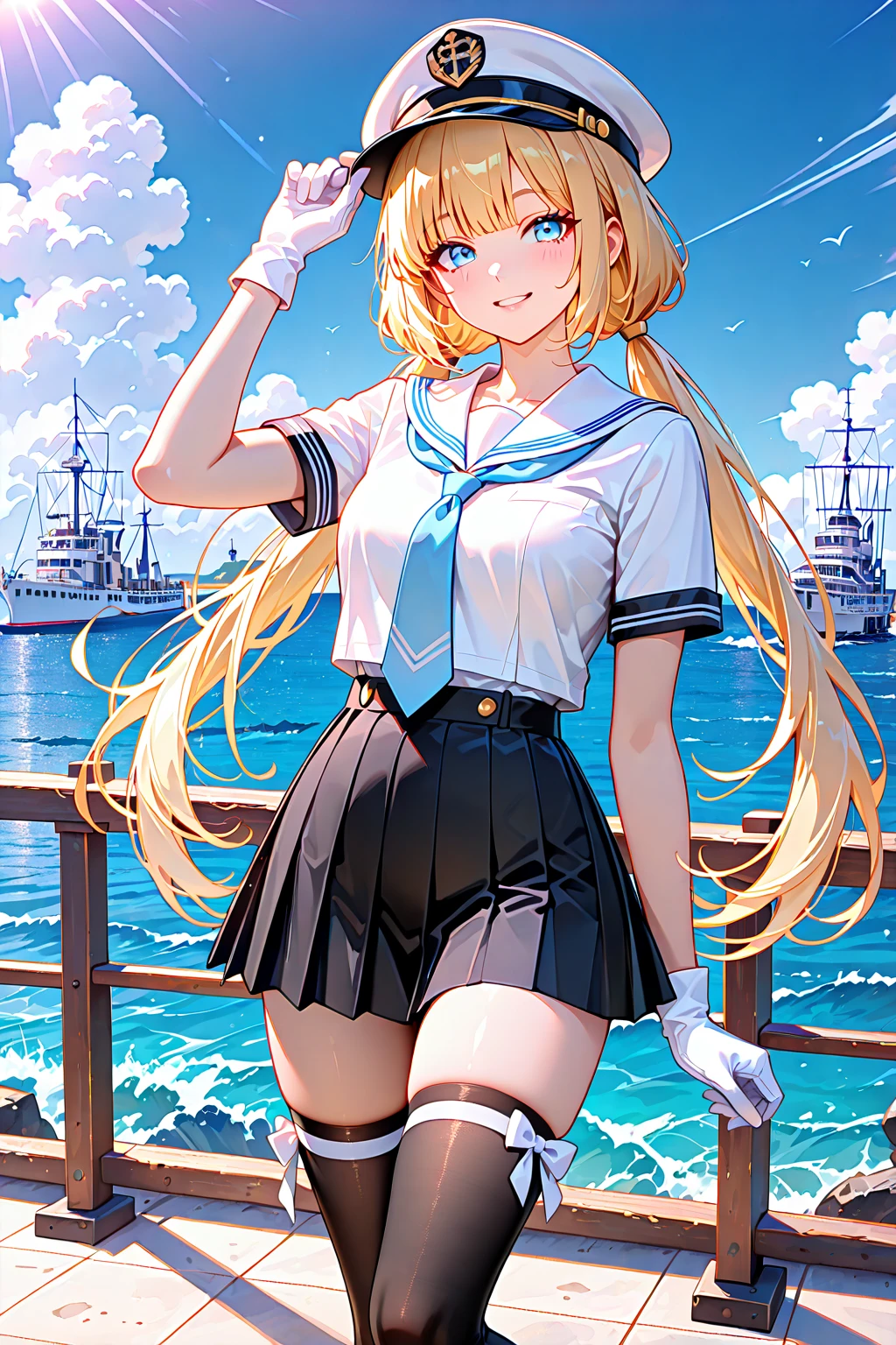 (masterpiece:1.2), (top quality), (beautiful detailed eyes:1.2), ((1 beautiful woman)), (beautiful background:1.2), (highly detailed CG), (ultra detailed), (very detailed and beautiful:1.1), (perfect details:1.1), (stunning illustration),((masterpiece)), ((best quality)), ((ultra-detailed)), masterpiece,Super Detailed,beautiful face,side ponytail,long hair,school uniform,sailor suit,The expression of underboobs,charming thighs,Hair Swaying in the Wind,stares at the audience,smile,Student handbag,random pose,Blue summer sky,I can see the ocean,Port town,beautiful light up