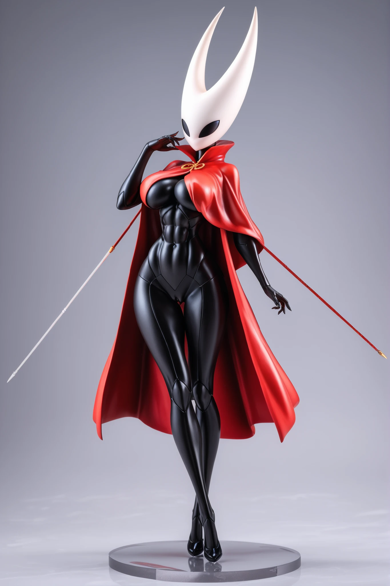 ( masterpiece, best quality), safe, incredible quality, very aesthetic, absurdities, highres, newest , HDR-10, 8K, high detail RAW color art , large pupil , tabs, high-detail RAW color art ,1 girl,3D, super realistic action figure,(toy base), Camel toe ,((hornet)), ,(pointy breast) , little clothing and tight ,pawg, saggy breast, ((sexy pose)), ((full body view)) ,large natural breast ,(kawai pose)Score_9, Score_8, Score_7, Hornet from Hollow Knight, Female,Anthropomorphic, Petite, Hourglass Figure, White Head, Two Horns, Black Body, Insectoid, Red Cloak, Long Cloak, Cloak Covering Body, , abs, Wide Hips, Thin Waist, Very Thin Waist, Wasp Waist, Aerial View, , Vibrant Colors, Cel Shading, Simplistic Art Style, Looking at Viewer, Solo