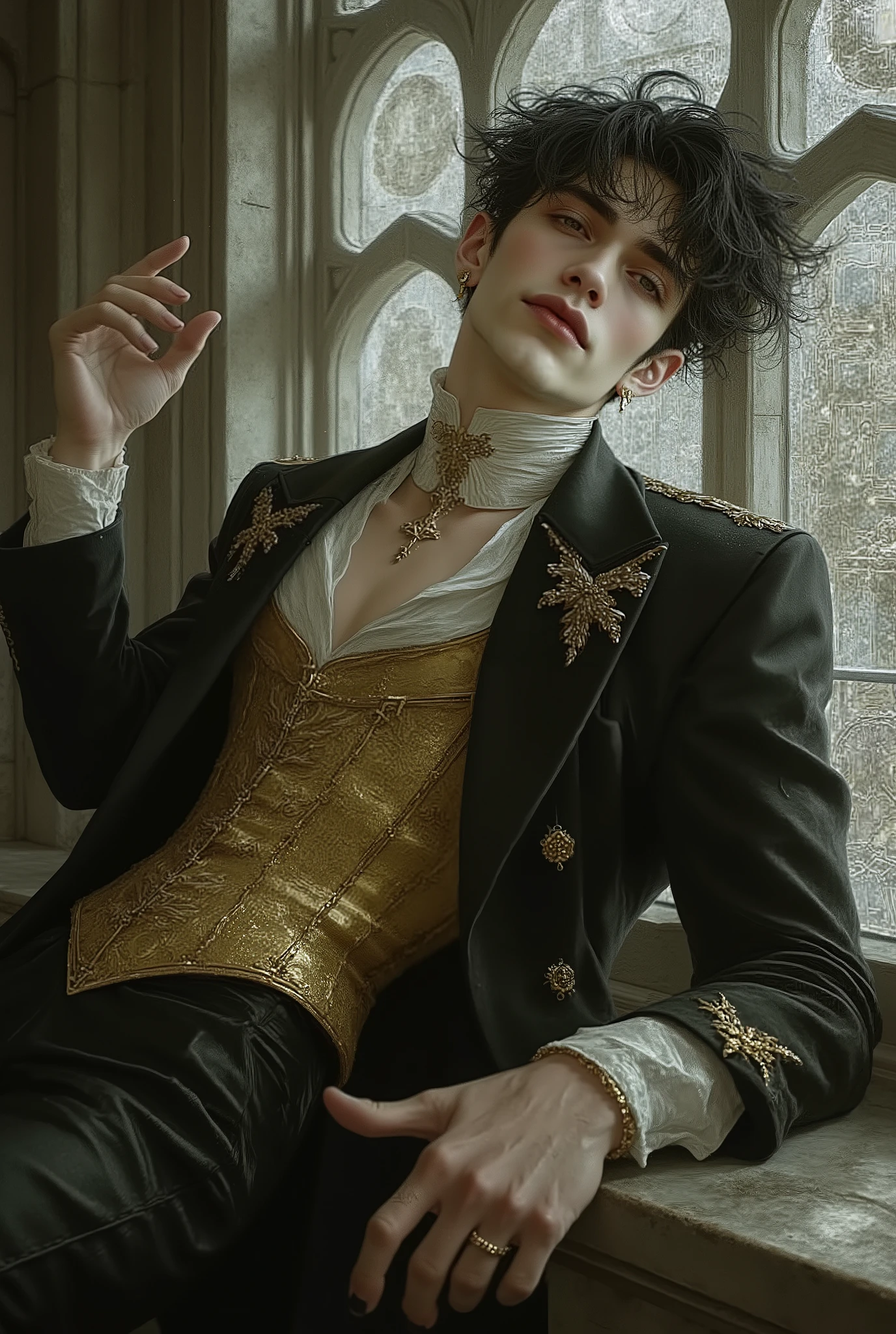 A seductive dark-haired man, around 23 years old, with tousled black waves and piercing grey eyes, posing in an extreme foreshortened angle from below. The view starts from his legs, emphasizing his strong thighs, narrow waist, and broad shoulders as he leans back confidently near a gothic arched window. One arm is raised slightly, the other resting elegantly, forming a majestic and statuesque contrapposto pose. His face is turned toward the camera, lips curved in a knowing, alluring smirk, with flickering eyes full of mystique. He wears a tailored gold corset over a high-collared  adorned with golden embroidery. Behind him, a grand gothic stained-glass window casts ethereal light through stone tracery, painting celestial shadows on the ground. Captured with a wide angle lens, anime-style dynamic perspective, exaggerating body proportions for dramatic effect.

1 boy., Solo, high resolution, masterpiece, precise, anatomically correct, has been honored several times., Qualityที่ดีที่สุด, Damaged, Details, โมเดลhigh resolution, Detailsสูง, miaoz, iaoz, Quality, Retina display, Detailsมาก, realistic texture, high resolutionสุด, broad shoulders, seductive smirk, Flickering Eyes, extreme foreshortening, dynamic perspective, worm’s eye view, anime-style angle, wide lens distortion, dramatic camera tilt, gothic elegance, embroidery,, soft gothic shadows, regal masculinity.
