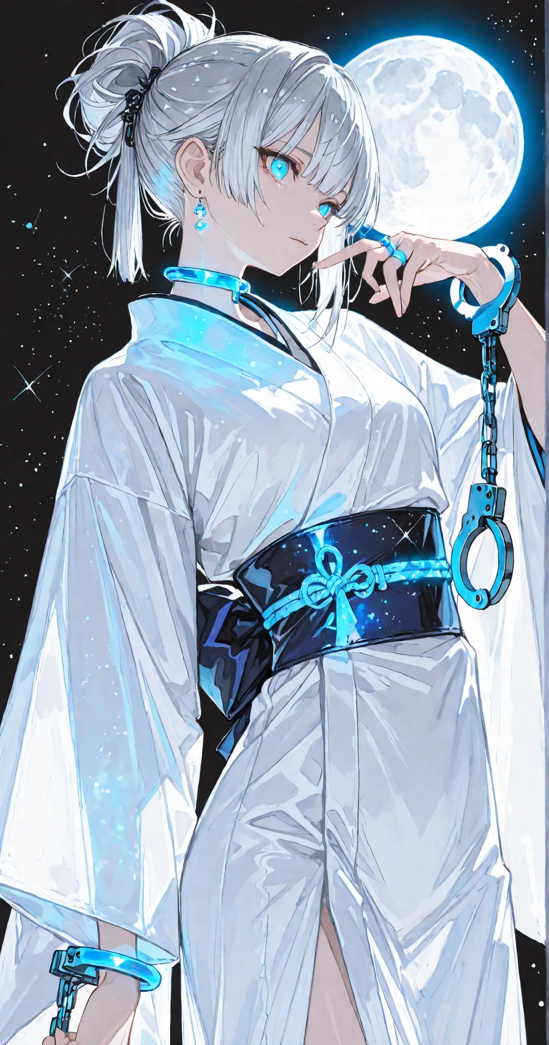 masterpiece, 最High Quality, Swiss Up,Sakimi Style, ダークGothic, High Quality, Character Focus , Minimalist, Standing Next to a Ring、leaning their hands to the side at the quarantine facility, princess cut, Pose , dynamic angle, Yanフォーカスがヒット, watch viewers, backlight, Light on a single side , Full Moon , Black Background 、long gray hairのかぐや姫,Moon,blue eyes,表をsuperiorに,煌めくstarry sky, Mini-length white kimono,Gothic,starry sky,long gray hair,1 person,glowing cobalt blue color scheme,long hair up to the waist,Yan door superior, Blue collars and handcuffs