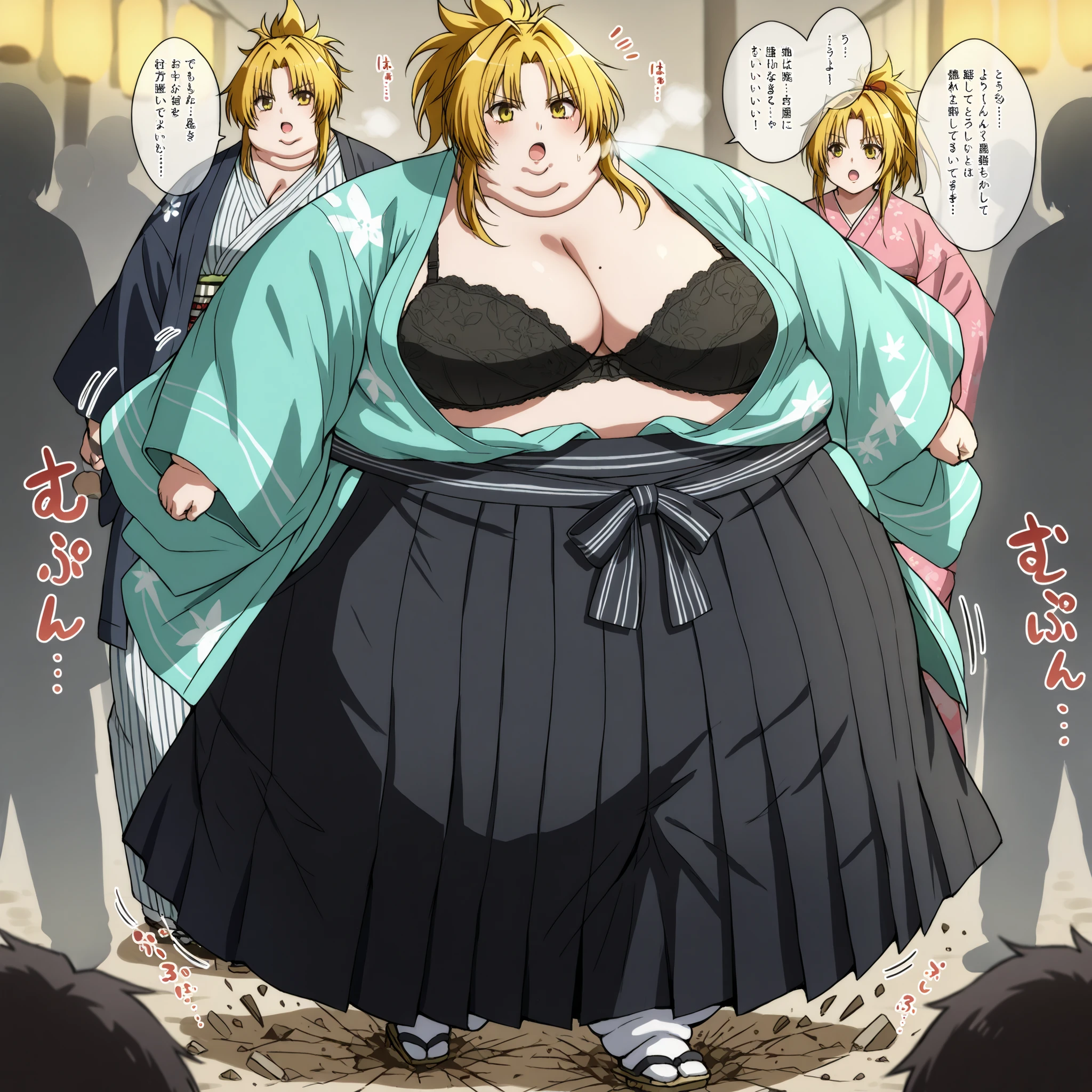 nobuna oda, blonde hair, medium breasts, yellow eyes, hair intakes, parted bangs,, cleavage, underwear, japanese clothes, open clothes, kimono, bra, lingerie, black bra, open kimono, hakama, black hakama, ponytail, fat, chubby, obese,, large breasts open mouth, out of breath, hairy, pubic hair, walking, ground breaking underneath while walking 