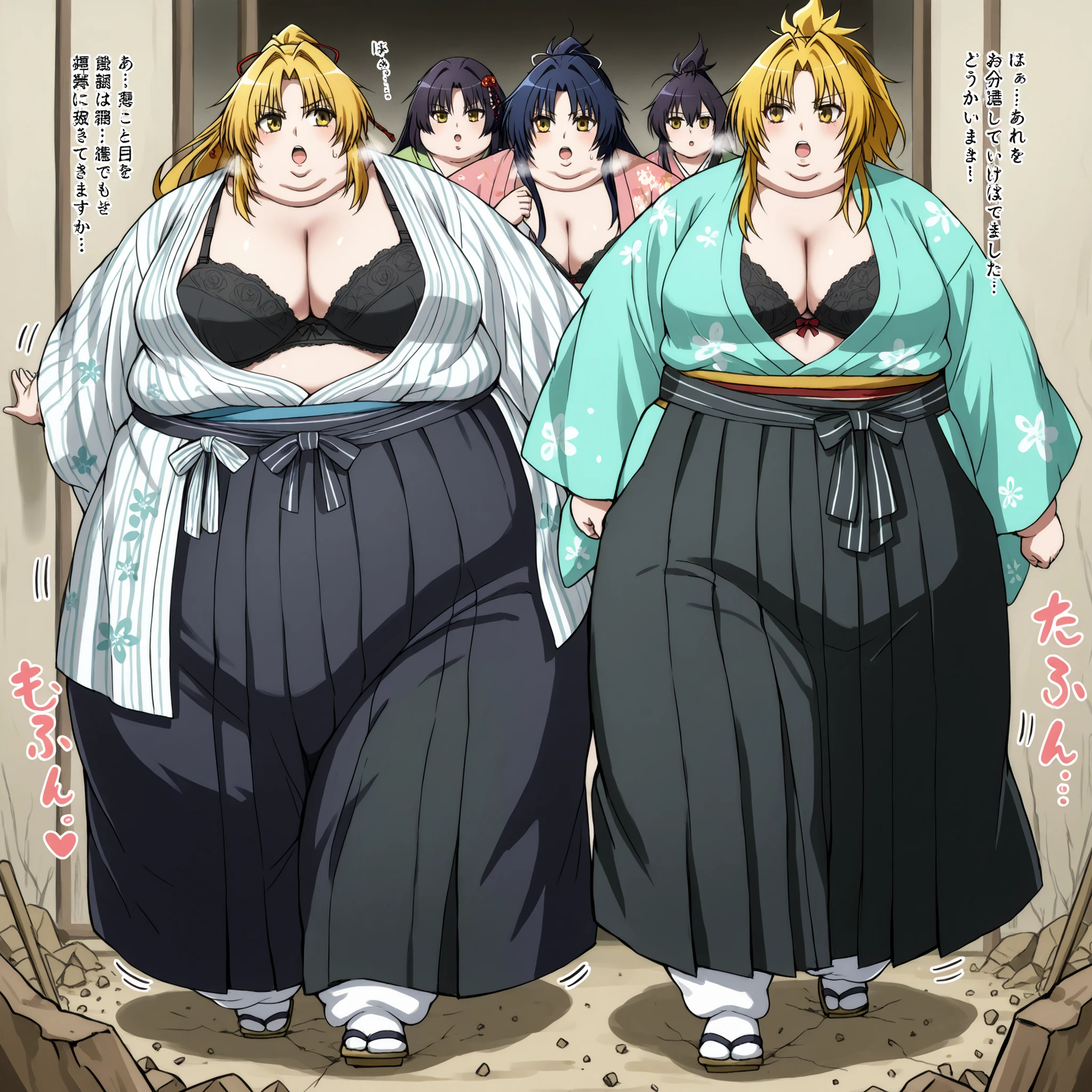 nobuna oda, blonde hair, medium breasts, yellow eyes, hair intakes, parted bangs,, cleavage, underwear, japanese clothes, open clothes, kimono, bra, lingerie, black bra, open kimono, hakama, black hakama, ponytail, fat, chubby, obese,, large breasts open mouth, out of breath, hairy, pubic hair, walking, ground breaking underneath while walking 