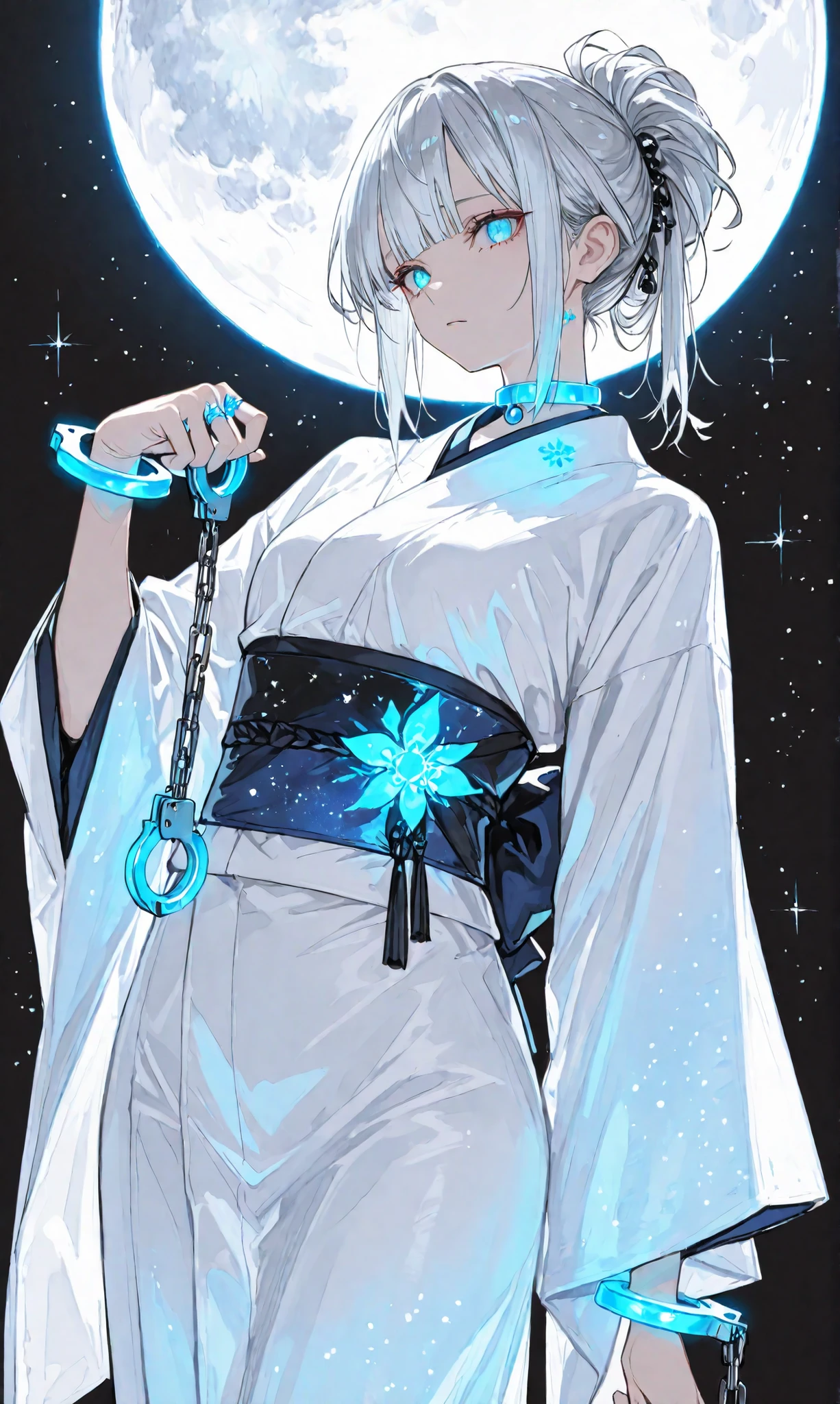 masterpiece, 最High Quality, Swiss Up,Sakimi Style, ダークGothic, High Quality, Character Focus , Minimalist, Standing Next to a Ring、is leaning her hand to the side at the quarantine facility, princess cut, Pose , dynamic angle, Yanフォーカスがヒット, watch viewers, backlight, Light on a single side , Full Moon , Black Background 、long gray hairのかぐや姫,Moon,blue eyes,表をsuperiorに,煌めくstarry sky, Mini-length white kimono,Gothic,starry sky,long gray hair,1 person,glowing cobalt blue color scheme,long hair up to the waist,Yan door superior, Blue collars and handcuffs