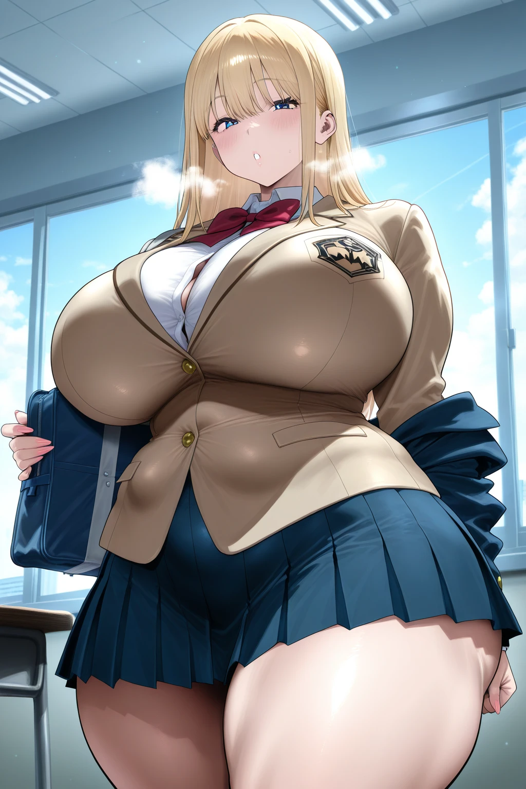 Woman in a school uniform, skirt, shirt, curvy, busty, evil smirk, dominant stare, thick thighs, blonde hair, view from below,  presenting her ????, lifting her skirt