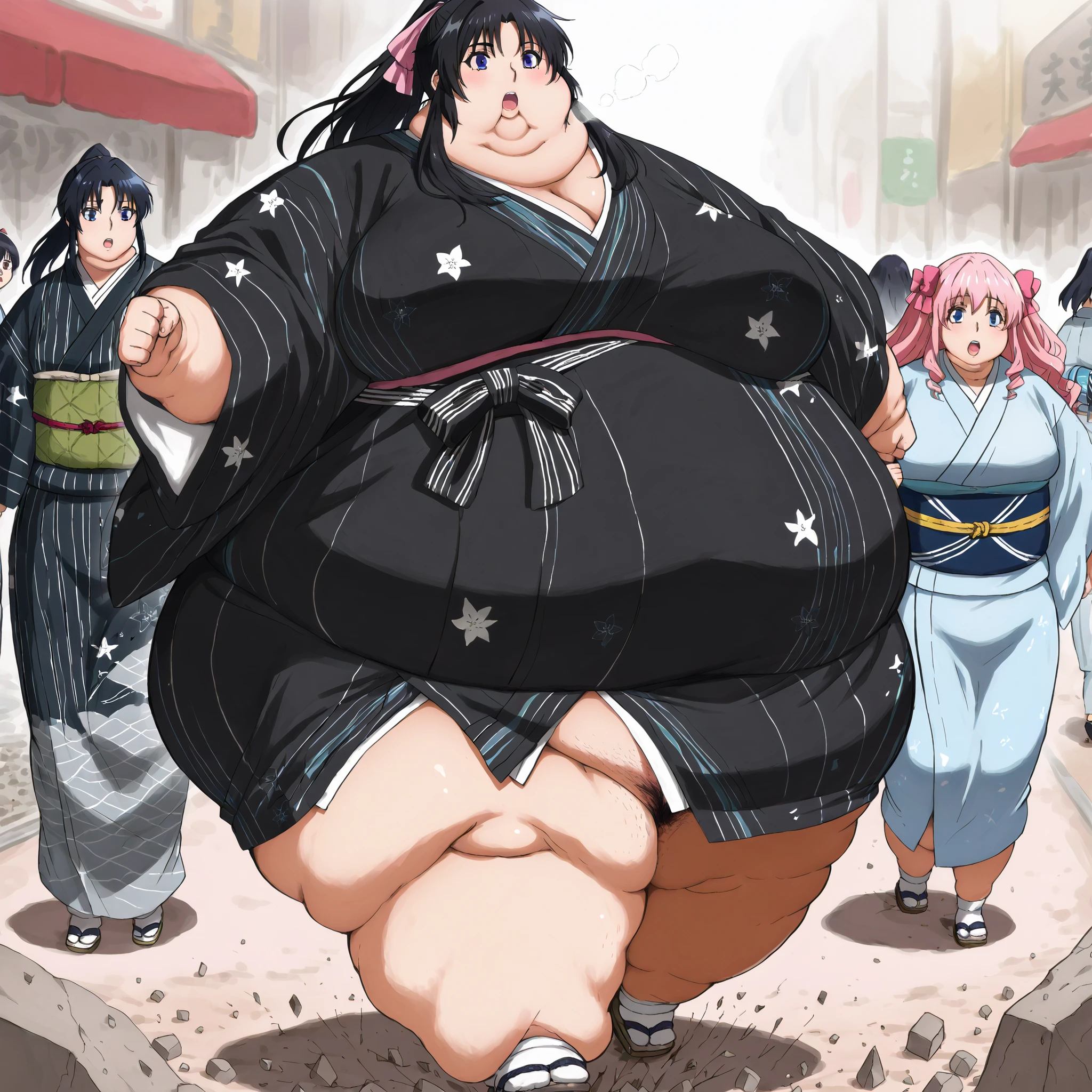 Kaoru Kamiya, Kaoru Kamiya,　 long hair,  pink barrette ribbon , bangs,  blue eyes, Thighs, Black Hair,  light blue kimono ,　Navy blue Kimono obi ,  kimono, fat, chubby, obese,, large breasts open mouth, out of breath, hairy, pubic hair, walking, ground breaking underneath while walking 