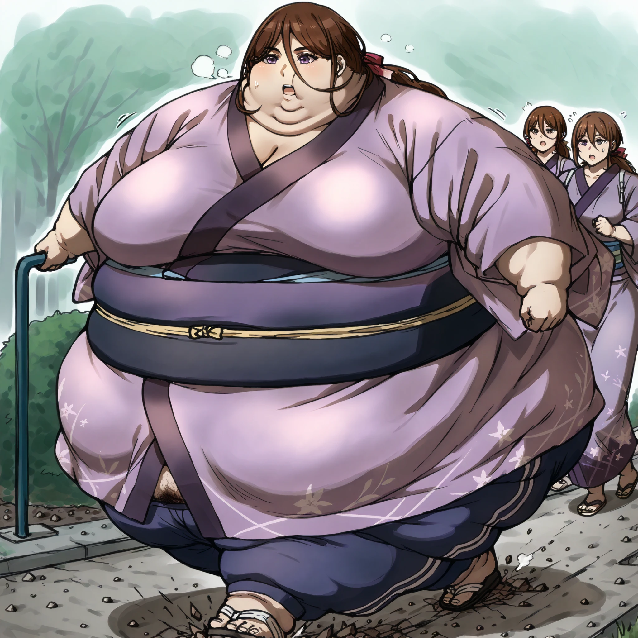 kenshinsatsuki, purple eyes, brown hair, hair between eyes, hair ribbon, long hair, ponytail BREAK
purple kimono, blue sweatpants, sandals, fat, chubby, obese,, large breasts open mouth, out of breath, hairy, pubic hair, walking, ground breaking underneath while walking
