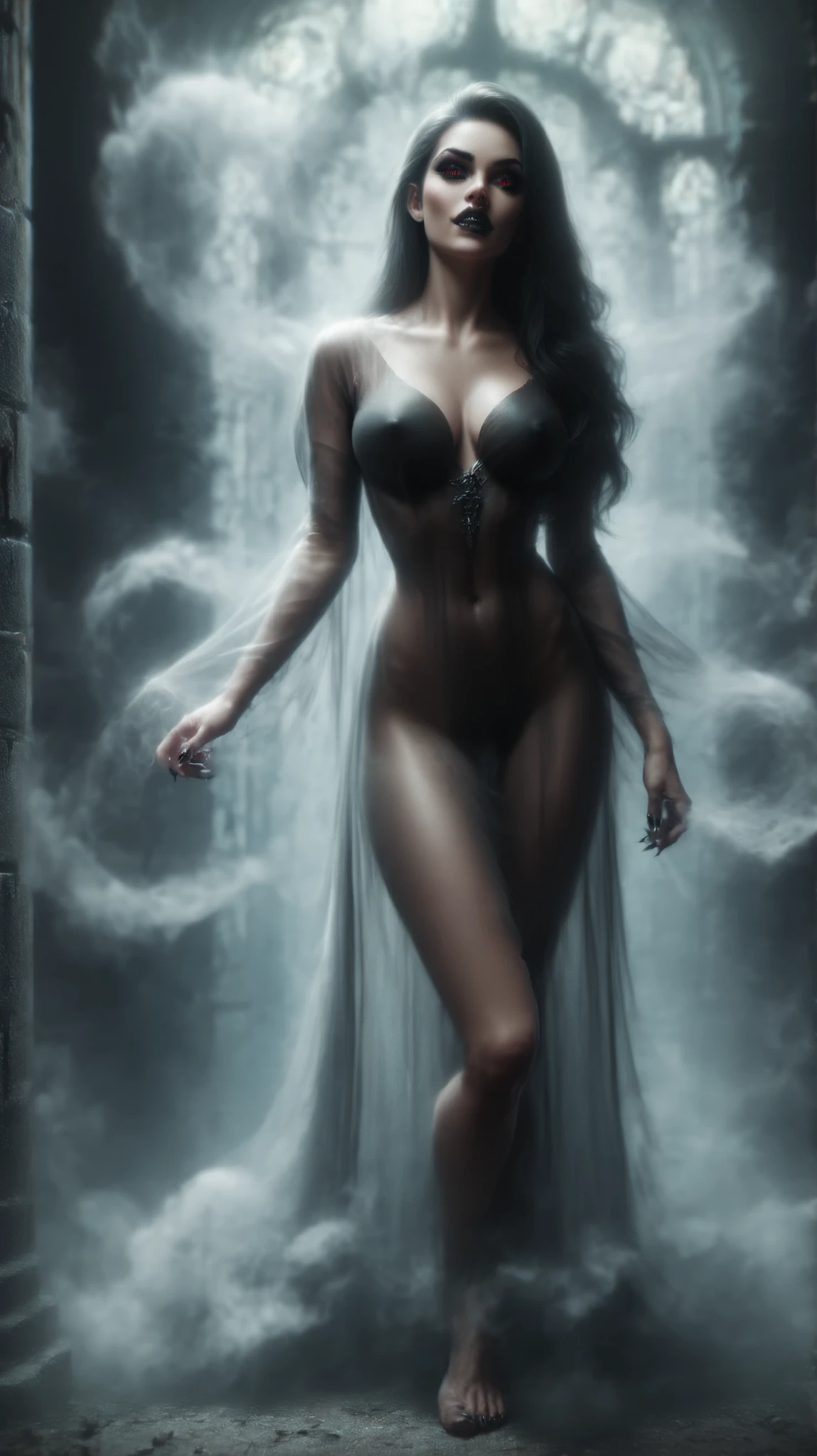 realistic image, photorealism, high quality,
nude (the ghost of the Vampire) in a deserted castle,
Salma Hayek face, dark eyeliner, makeup, long hair, red eyes,
(ghost clothes), (black revealing ghostly long translucent clothes), (black smoke clothing), (no fabric, only the ghost),
full length, poses powerfully while standing,
dim light,