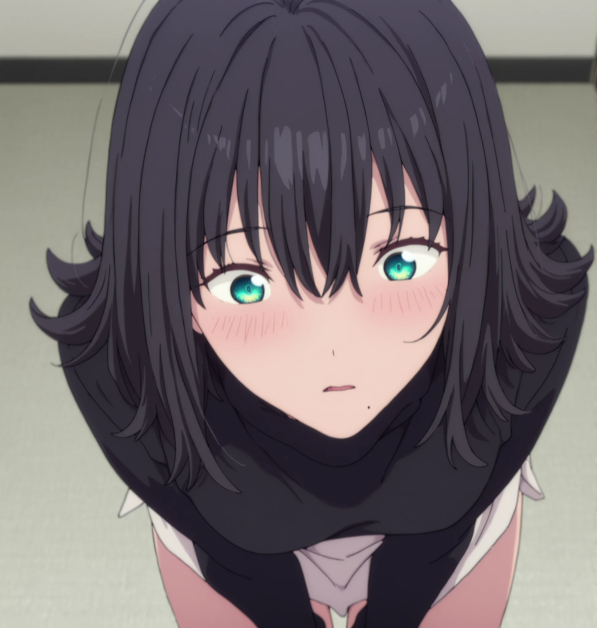 masterpiece, best quality, amazing quality, highres, absurdres, very aesthetic, high resolution, ultra detailed, perfect details, ufotable style, 1girl, solo, indoors, , (detailed background:1.2),from above, (long sidelocks), ,, ((medium hair, flipped hair)), ((black hair)), bangs, hair between eyes, (green blue eyes),(detailed beutiful eyes), ,((black turtleneck knit, black knit)),long sleeve, loose fit knit, pale skirt, long thighs, (small breasts,), (light head back), <lora:Akane_Shinjo_ILXL:0.8>,,  ((aged up:1.5)),(surprised), looking down, (anime coloring), embarrassed, blush, bent over, ((hands between thighs)), parted lips,  wind lift, panties slip,, slim body, slender body, slim arms, light skin, one mole, mole under mouth, 