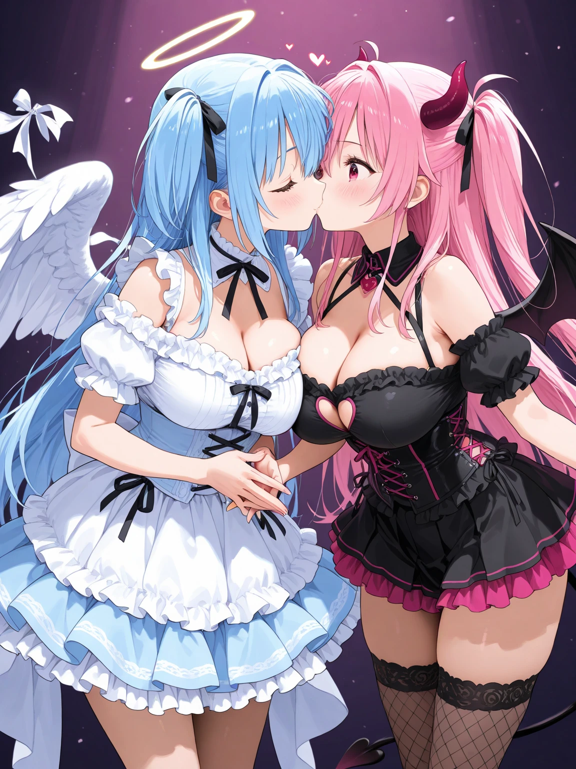 (split in the middle, artistic, two worlds, heaven and hell, angel and demon),An artistic photo of two women, BREAK left side angel in hell, BREAK right side demon in hell, BREAK Both flaunt voluptuous figures in seductive attire, their large, saggy breasts evident, BREAK The angel radiates somber beauty, while the demon smirks with playful allure, BREAK Framed side-by-side, the scene contrasts chaos with serenity, reminiscent of a contemporary fantasy photographer, (details:1.3), (masterpiece:1.3), distinct worlds,paint, Christianity