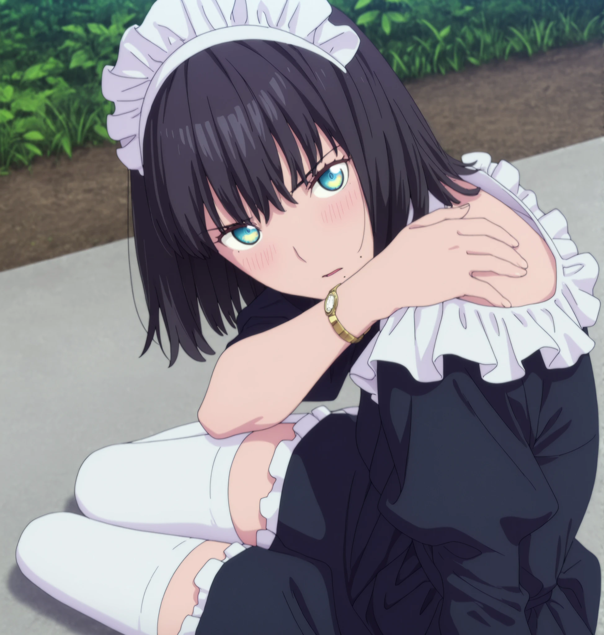 masterpiece, best quality, amazing quality, highres, absurdres, very aesthetic, high resolution, ultra detailed, perfect details, ufotable style, 1girl, solo, outdoors, , (detailed background:1.2),from above, from side,(long sideburns), (flipped hair),inverted bob, ((black hair)), long bangs,  medium hair, (green blue eyes),(detailed beutiful eyes), bracelet,(maid clothing), half-sleeve, skirt, white thighhighs,(small breasts, ), <lora:Akane_Shinjo_ILXL:0.8>,, ((aged up:1.5)),(), looking at viewer, (anime coloring), , pose, embarrassed, parted lips,  wrist watch, sitting, yokozuwari, slim body, slender body, slim arms, light skin, one mole, mole under mouth, ((hold own shoulder)),(bent over),