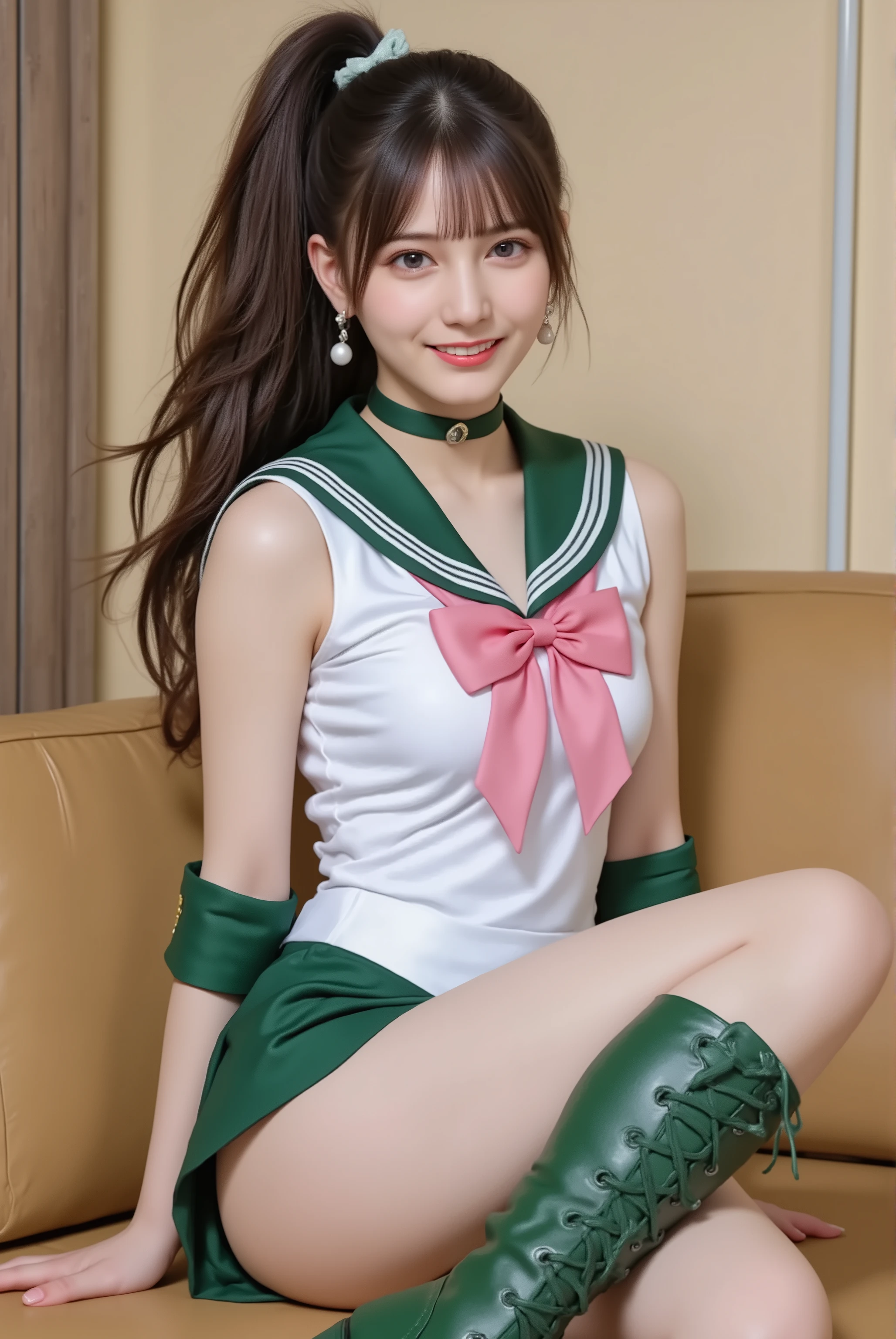 photorealistic cosplay photo, Japanese gravure style,
a tall and athletic Japanese idol-style young woman cosplaying as Sailor Jupiter from Sailor Moon,
bust-up or three-quarter portrait,
Her long brown hair was tied in a high ponytail with a green ribbon or green hair tie, and her bangs framed her face,
wearing Sailor Jupiter’s iconic sailor senshi uniform: white leotard, green skirt, green collar, pink bow on chest, pink bow on back, green boots with lace-up design, rose-shaped earrings,
confident but kind smile, natural makeup,
studio or outdoor background with cinematic lighting,
realistic skin details, sharp eyes, detailed hair strands,
idol gravure photography composition, clearly recognizable as Sailor Jupiter cosplay