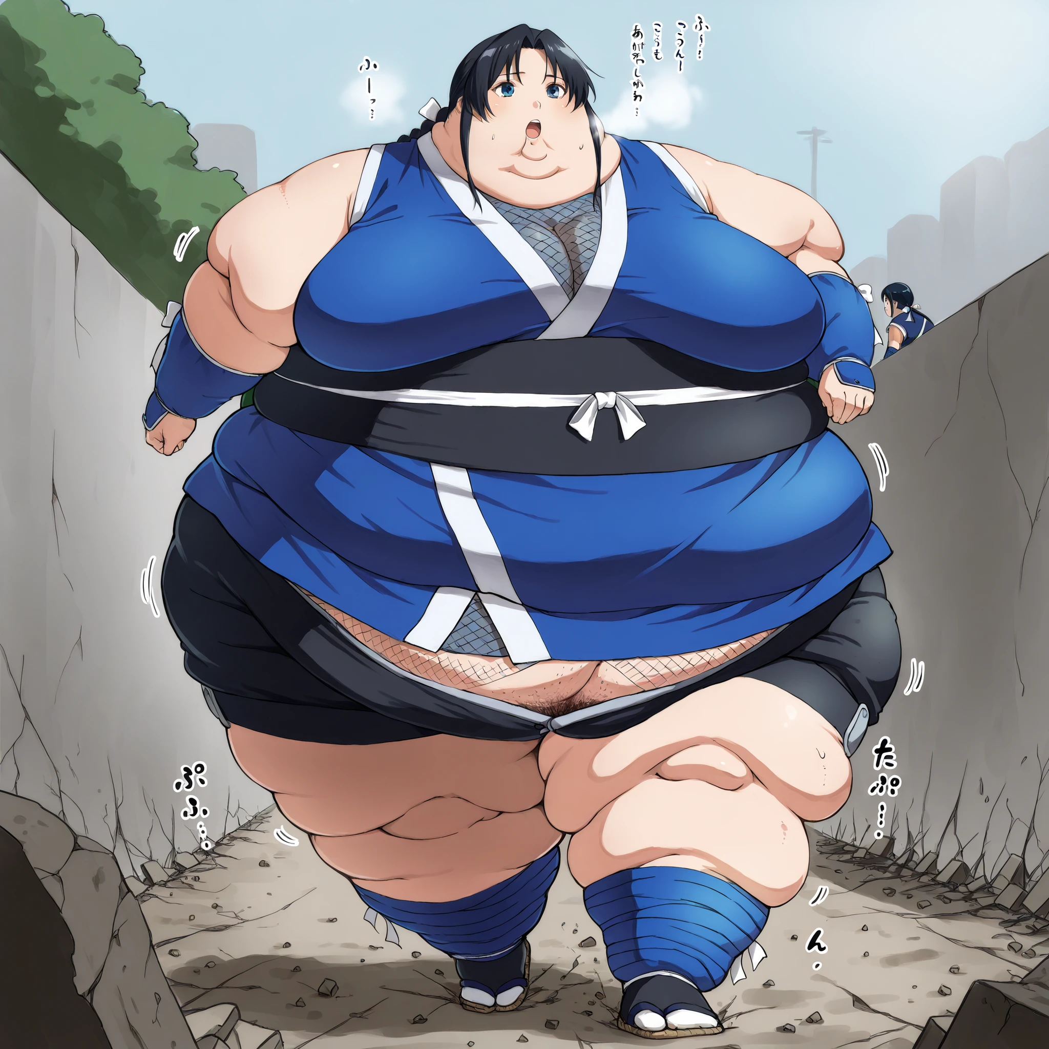 1girl, long hair, black hair, blue eyes, braid, ninja, sleeveless, obi, ribbon, shorts, arm warmers, leg wrap, tabi, sandals, fat, chubby, obese,, large breasts open mouth, out of breath, hairy, pubic hair, walking, ground breaking underneath while walking