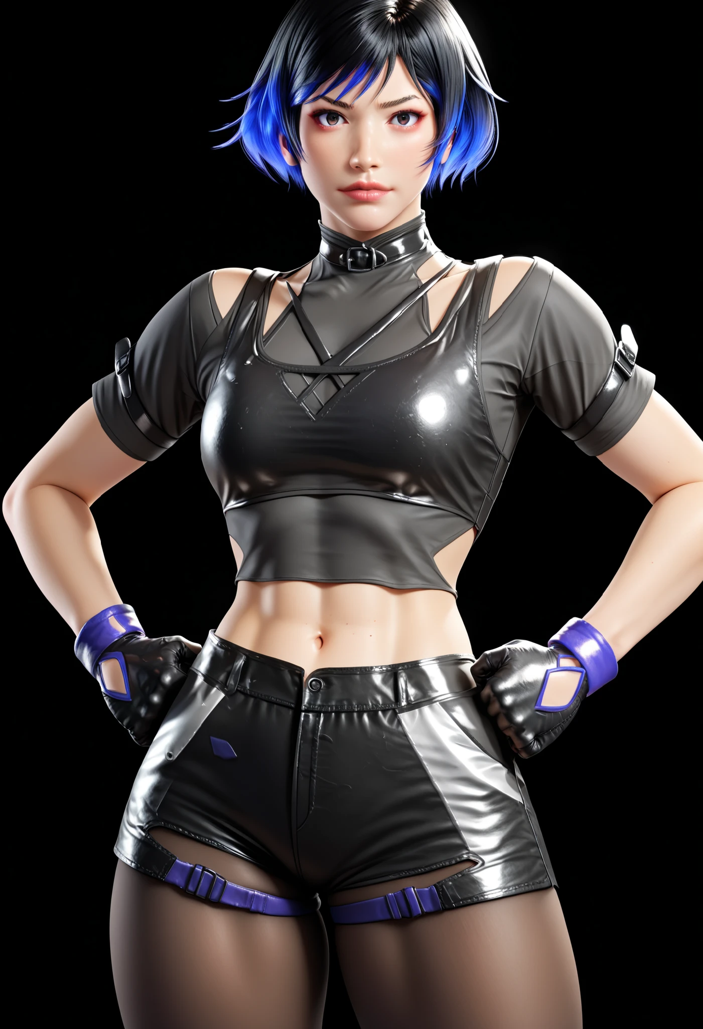 score_9, score_8_up, score_8_up,
reina mishima, reina mishima \(tekken\),reina mishima outfit \(tekken\), 1girl, solo, breasts, looking at viewer, short hair, simple background, black hair, gloves, navel, blue hair, short sleeves, pantyhose, multicolored hair, shorts, black gloves, midriff, two-tone hair, lips, crop top, short shorts, black shorts, black background, hands on hips