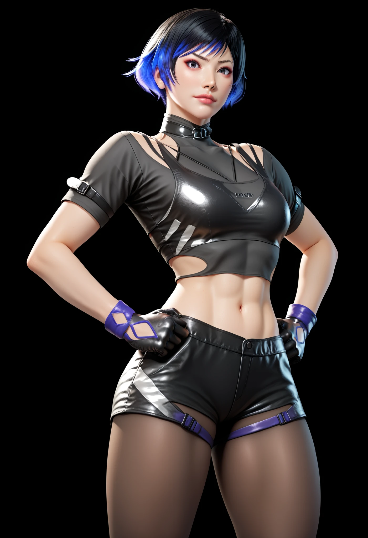 score_9, score_8_up, score_8_up,
reina mishima, reina mishima \(tekken\),reina mishima outfit \(tekken\), 1girl, solo, breasts, looking at viewer, short hair, simple background, black hair, gloves, navel, blue hair, short sleeves, pantyhose, multicolored hair, shorts, black gloves, midriff, two-tone hair, lips, crop top, short shorts, black shorts, black background, hands on hips