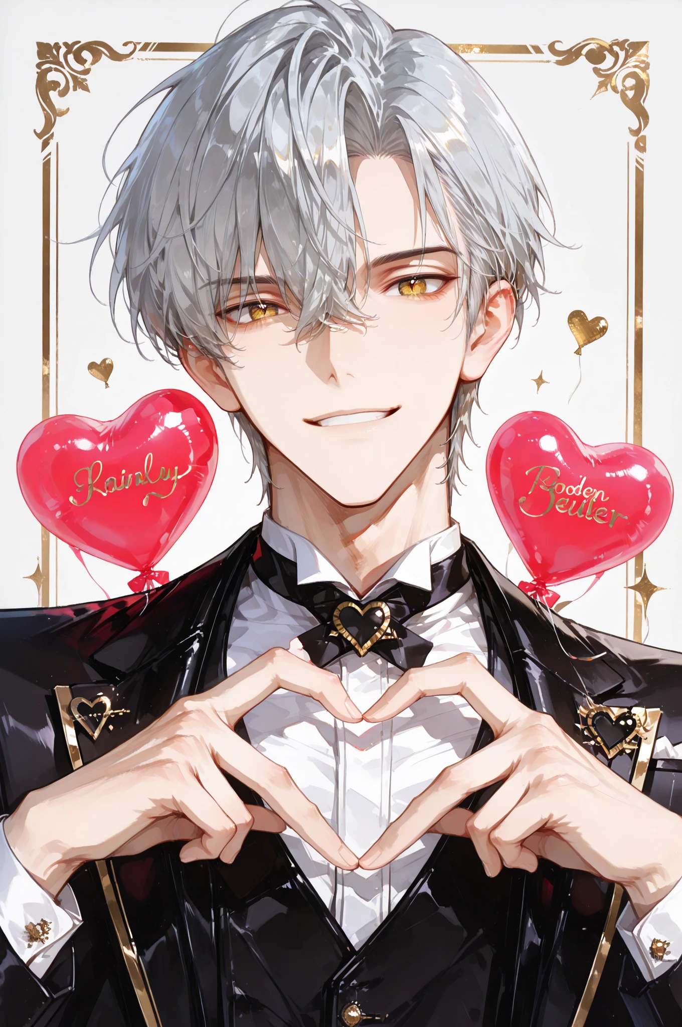 (masterpiece, best quality, high resolution, finely detailed), close-up portrait, handsome young man, age 25, short glossy silver hair, golden eyes, confident and charming smile, slender and fit build, elegant butler uniform (fully dressed, neat and stylish), both hands making a heart shape pose near chest, bright atmosphere, background filled with colorful heart balloons, vibrant and cheerful
